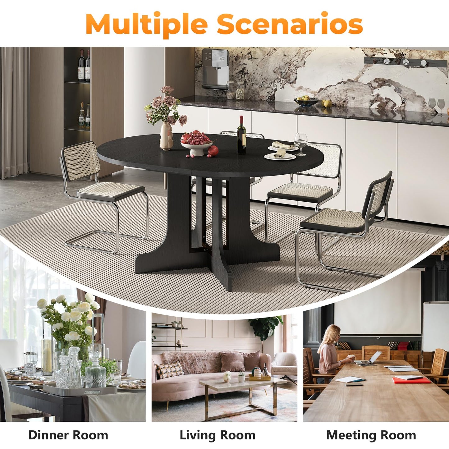 Zevemomo 43"-59" Round Expandable Dining Table, Extendable Dining Room Table for 4-6, Oval Tabletop with Wood Base Removable Leaf, Modern Black Circle Dinner Table for Kitchen Room Living Room