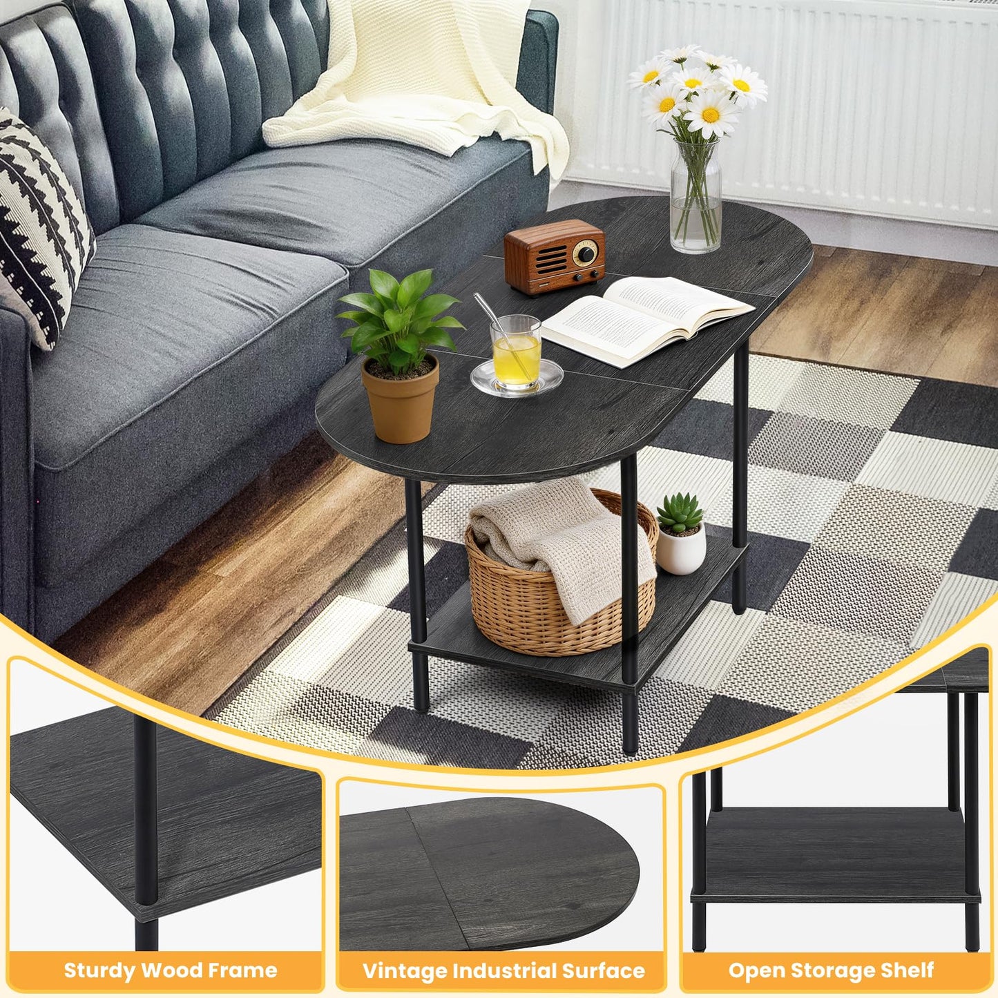 KANEODOT Small Coffee Table,35.4'' Oval Coffee Table with Storage Shelf & Metal Frame,Low Cocktail Tea Accent Table for Apartment,Modern Mid Century Small Living Room Table,Dark Gray