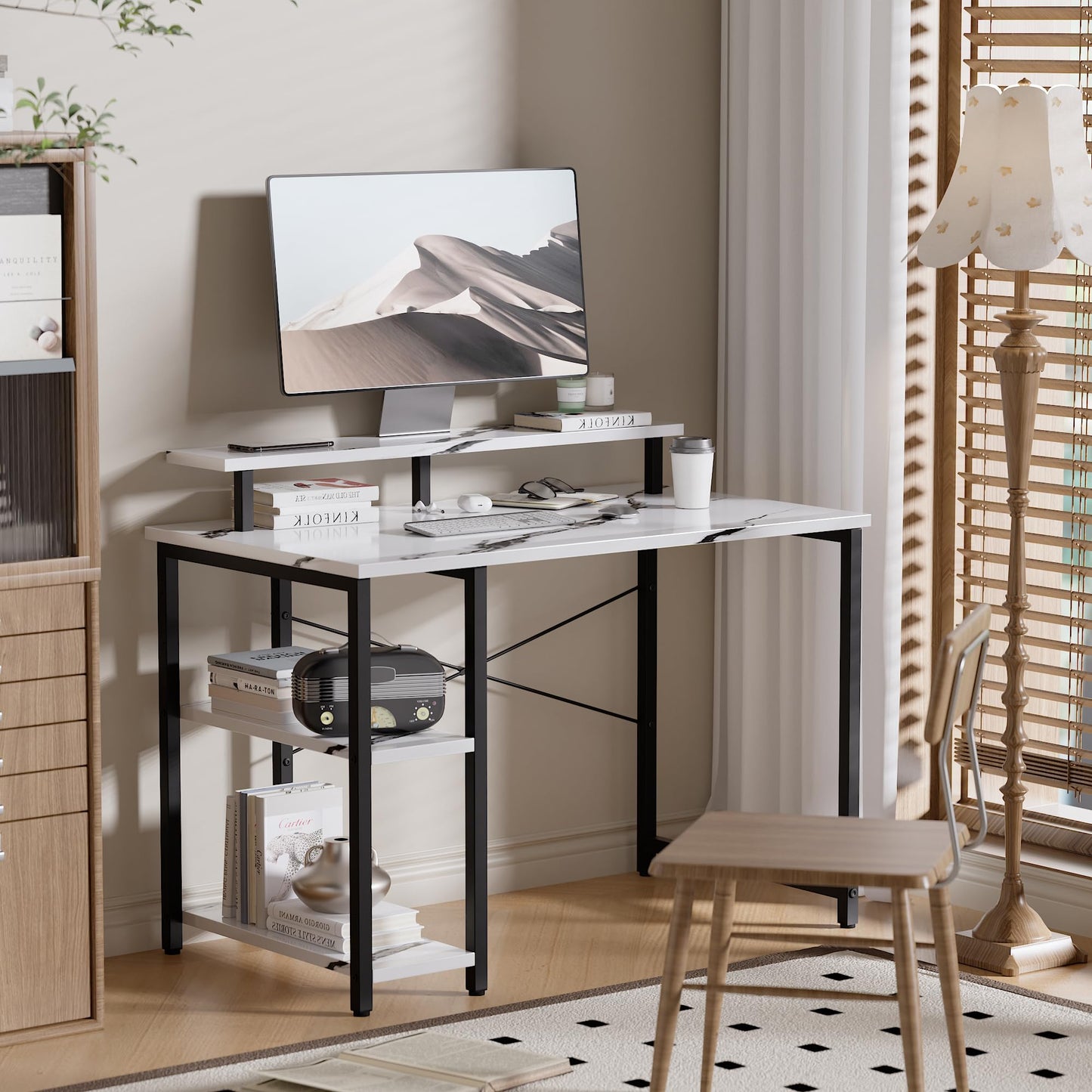 Pamray 33.5 Inch Small Computer Desk with Monitor Stand and Shelves