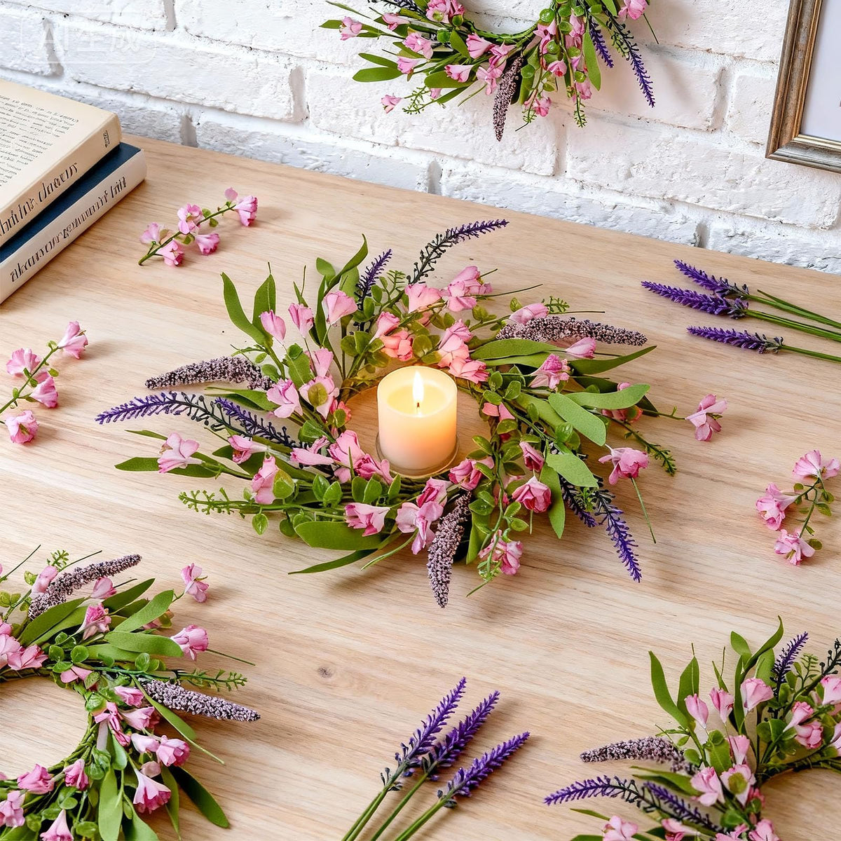 6 PCS Spring Summer Artificial Flowered Wreath Candle Rings Forsythia Lavender Candle Rings Pillar Holder Wreath Mini Floral Candle Rings Wreaths Kitchen Cabinet Swags for Wedding Home Tabletop Decor
