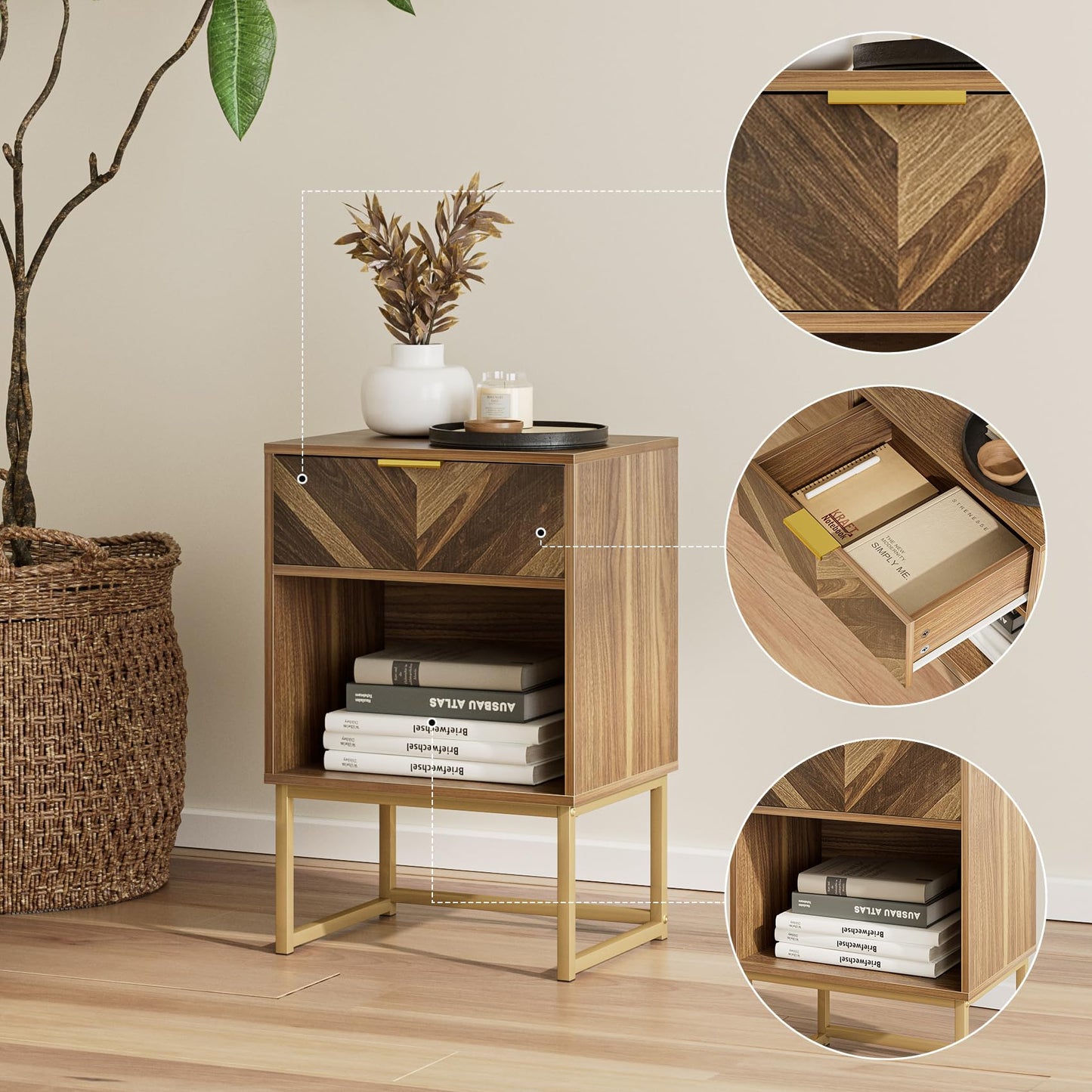 Masupu Nightstand,Modern Night Stand Boho Farmhouse Wood Bedside Table with Storage Drawer Side End Table for Bedroom,Living Room,Office,Walnut Brown