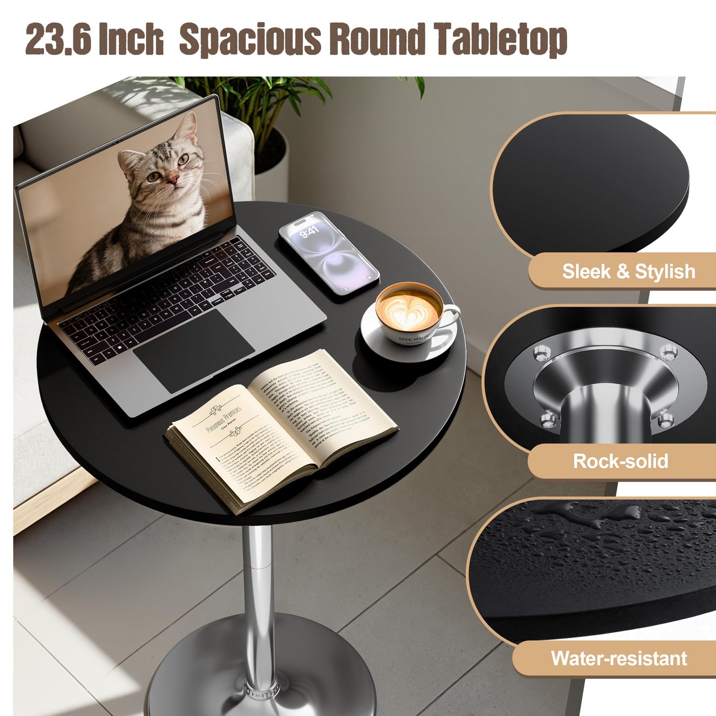 Furmax Bistro Pub Table Round Bar Height Cocktail Table for Home Bar, Small Round Bar Tables for Party, Dining Room, Living Room and Wedding, Metal Base MDF Top Obsidian, 40.6 Inch Height (1, Black-2)