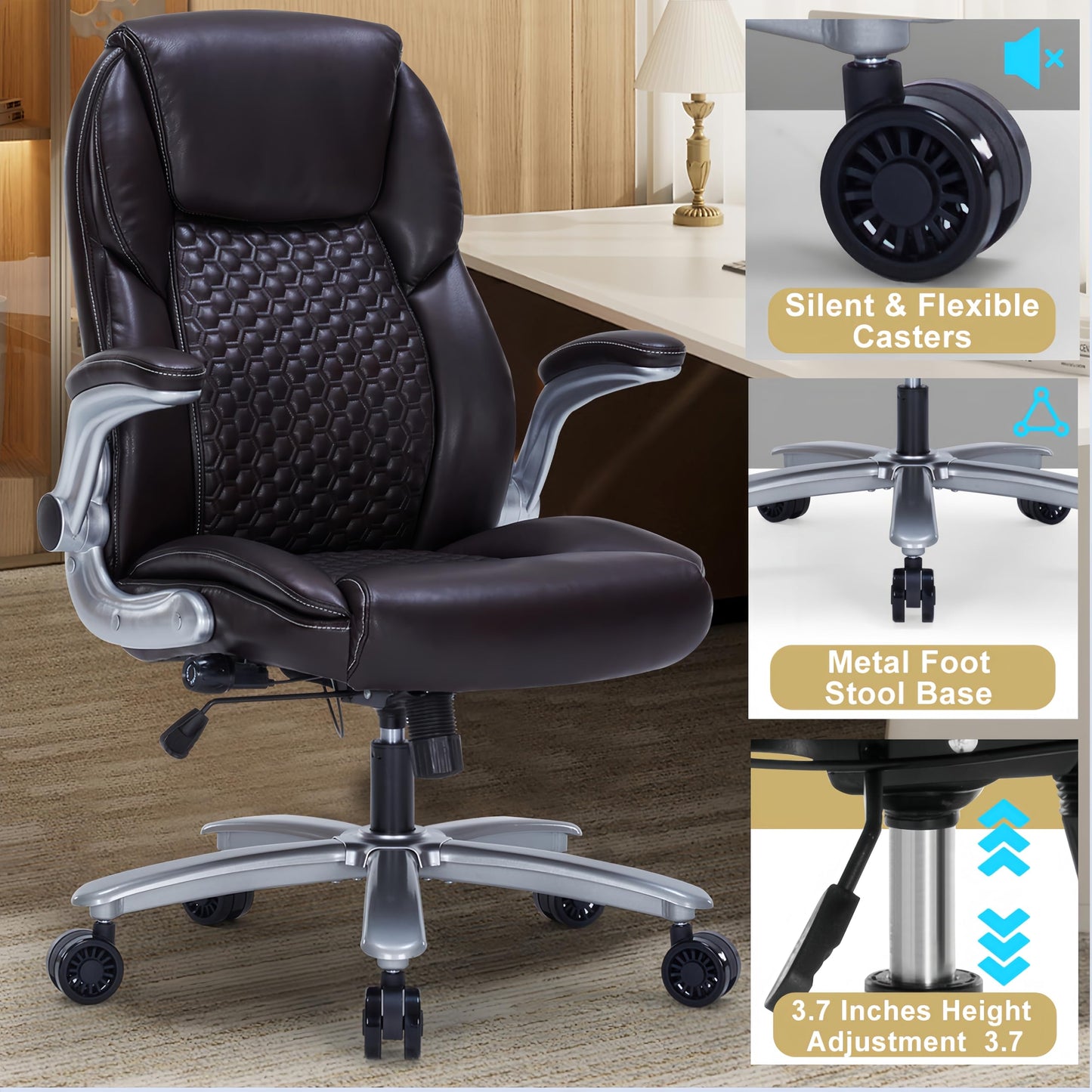 ZLHECTO® Big and Tall Executive Office Chair, PU Leather Swivel Desk Chair with Flip-up Arms, Adjustable Lumbar Support, Space-Saving Height Adjustable Rolling Computer Chair for Home & Office Use