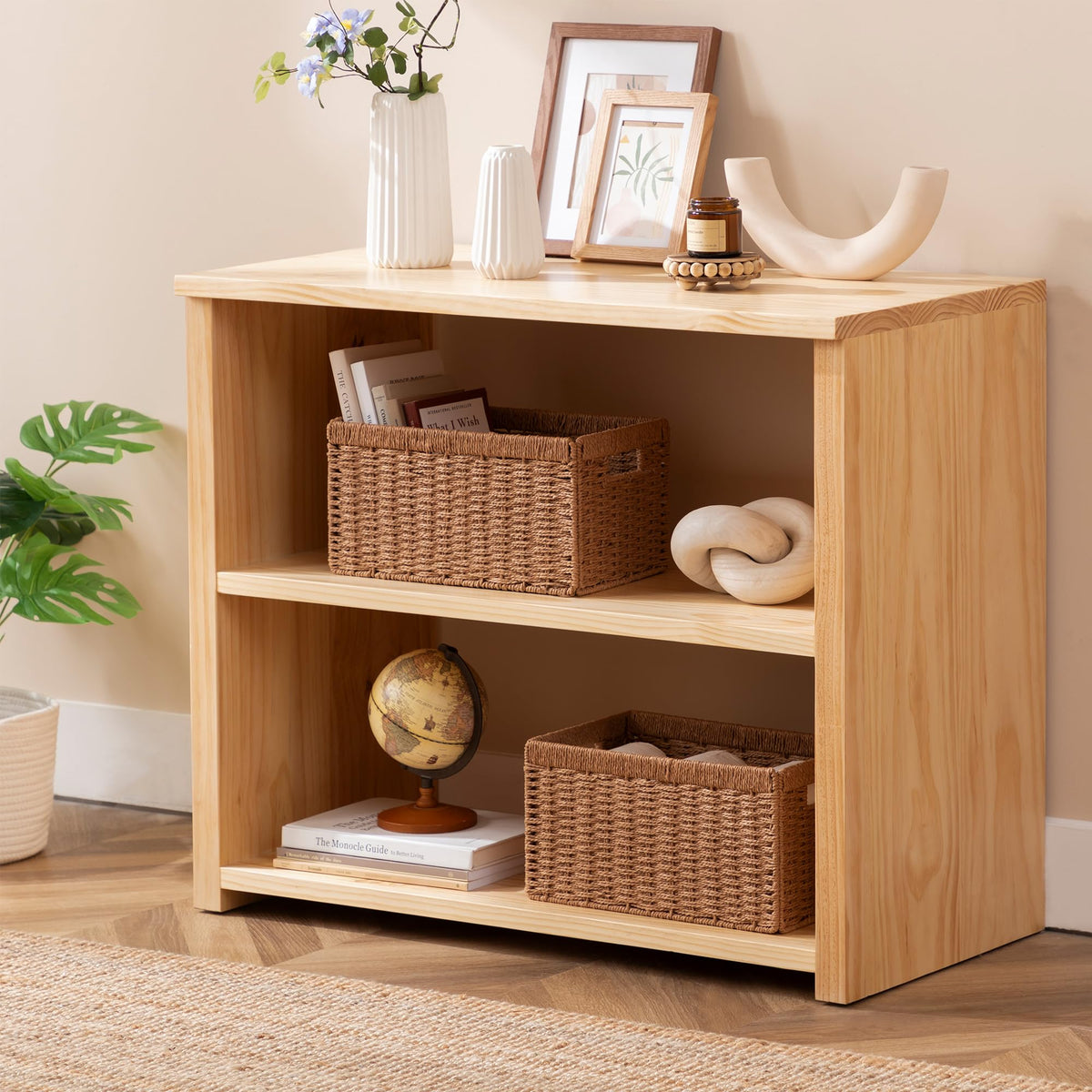 UBBCARE 2 Pack Wicker Basket, 13.4L×8.3H×7.1W inch Woven Paper Rope Storage Baskets for shelves, Foldable Rectangular Storage Baskets with Handle, Storage Basket for Organizing, Caramel