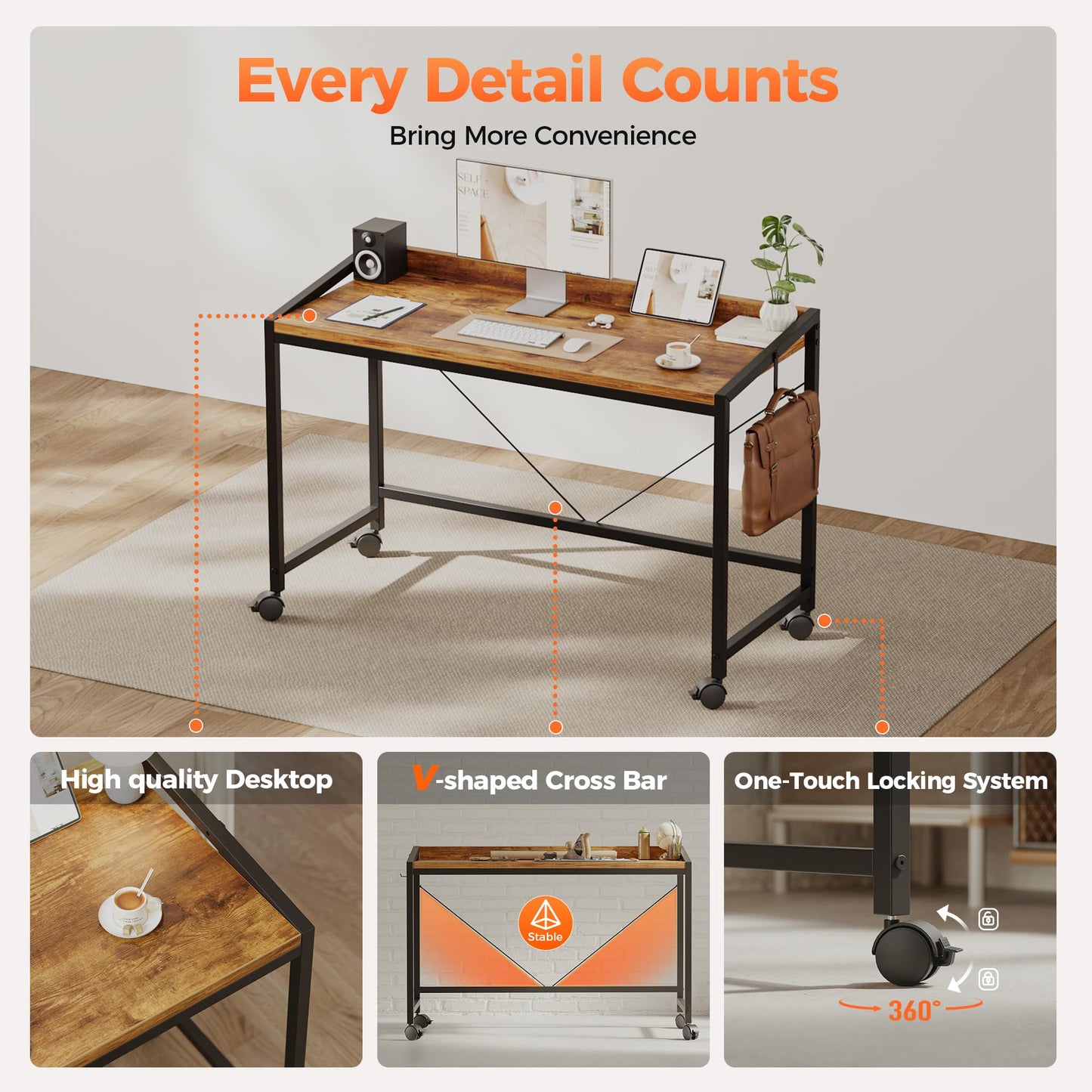 Mericonia 32 inch Rolling Computer Desk with Wheels, Gaming Desk for Small Spaces, Modern Simple Style Table for Home Office, Study Writing Table