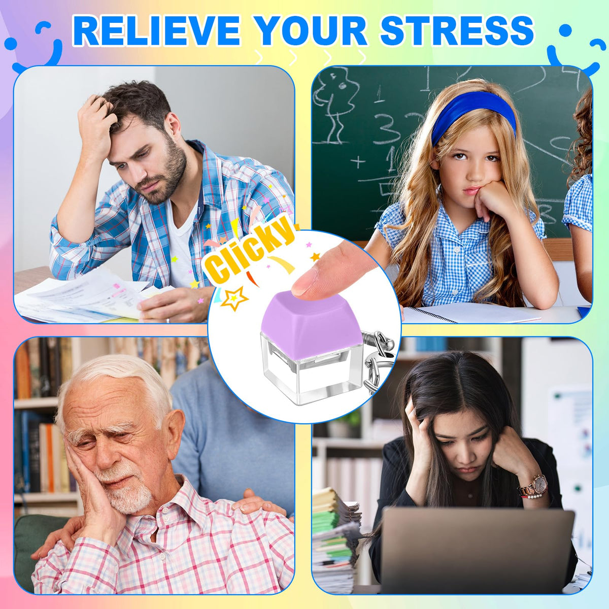 Seeloowy 36 Pcs Keyboard Fidget Clicker Keyboard Keychain Decompression Relief Toys Button Stress Relief Gifts for Adults Pass the Time (Vivid Color)