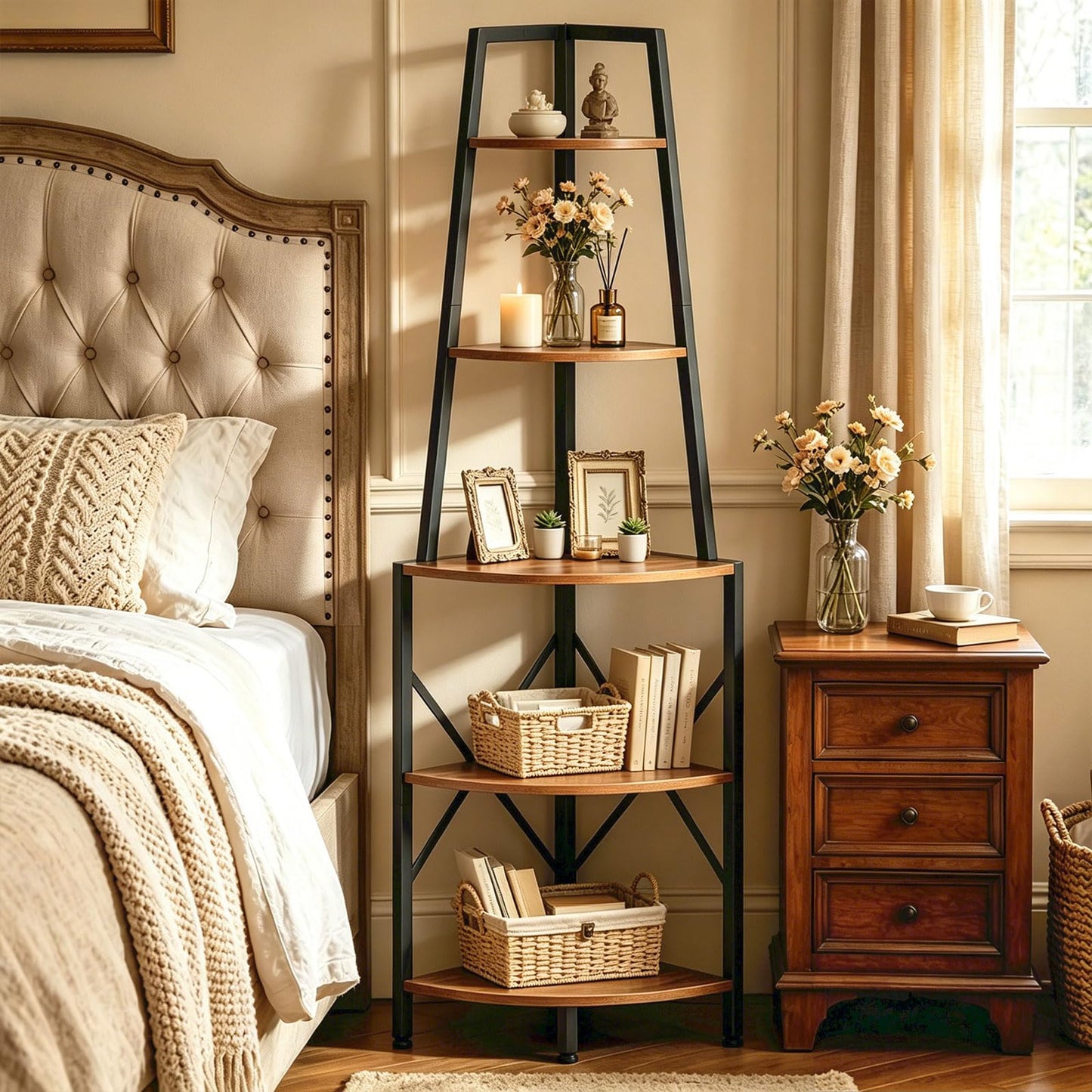 HOOBRO 5-Tier Corner Shelf with Lights, 67.9” Tall Corner Shelf Stand, Industrial Corner Bookshelf, Corner Plant Stand Display Shelf, for Living Room, Kitchen, Home Office, Rustic Brown BF120DCJ01