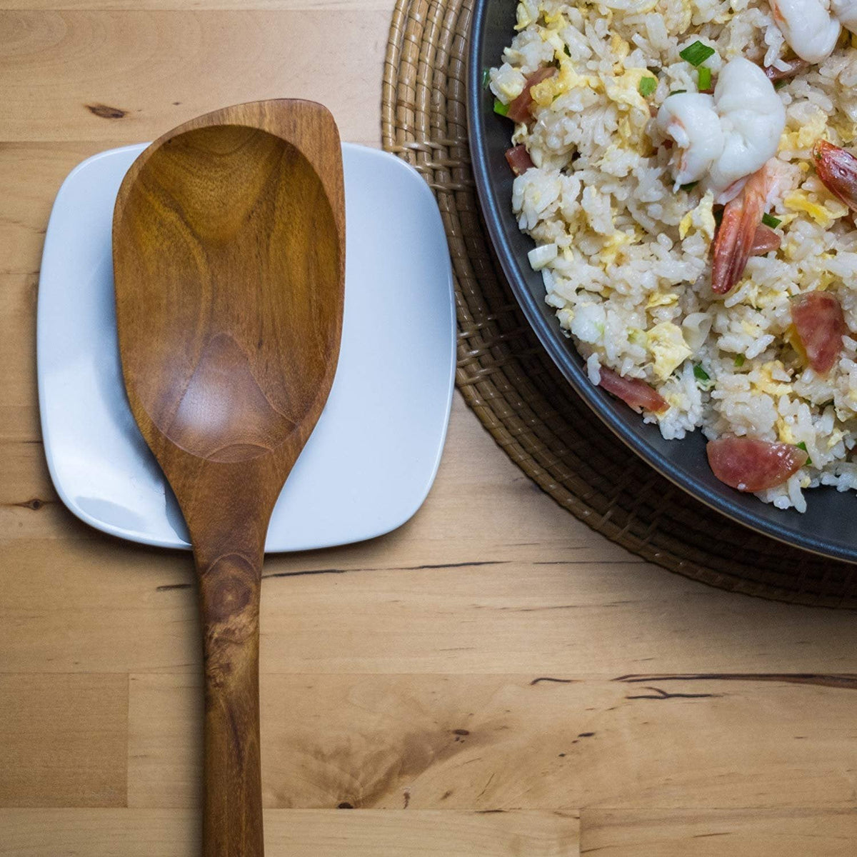 Teak Wooden Spoon for Cooking, Right Hand Corner Spoon, Nonstick Cookware