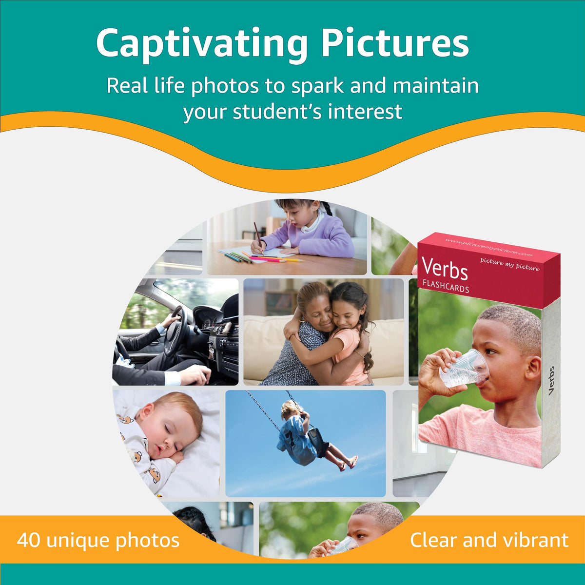 Picture My Picture Verbs Volume 1 Flash Card Set – Speech Therapy Tool for Vocabulary, Communication & Thinking, Scratch-Resistant with Activity Guide, Suitable for Education, ESL & ABA – Set of 40