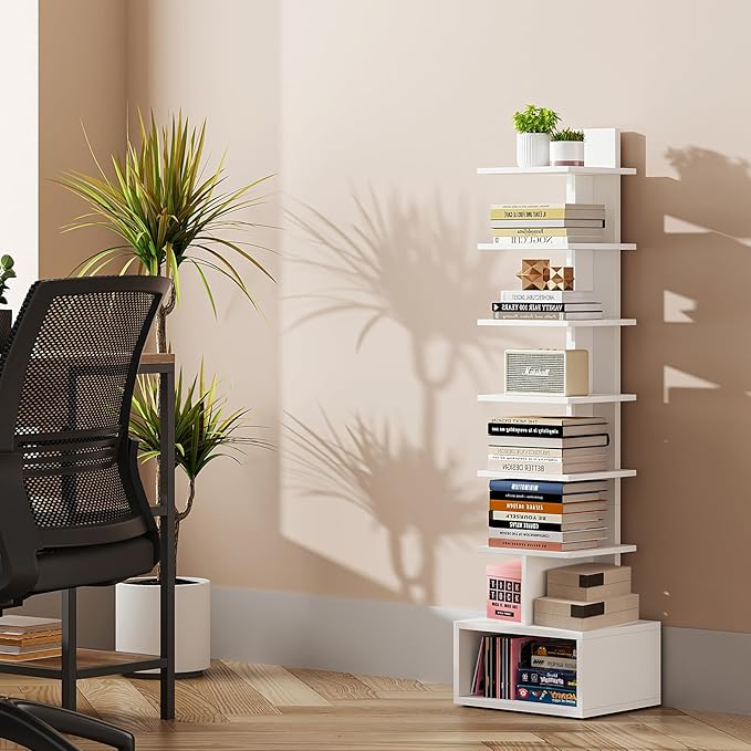 TUTOTAK Narrow Bookshelf, Vertical 8-Tier Bookcase, Spine Book Shelf