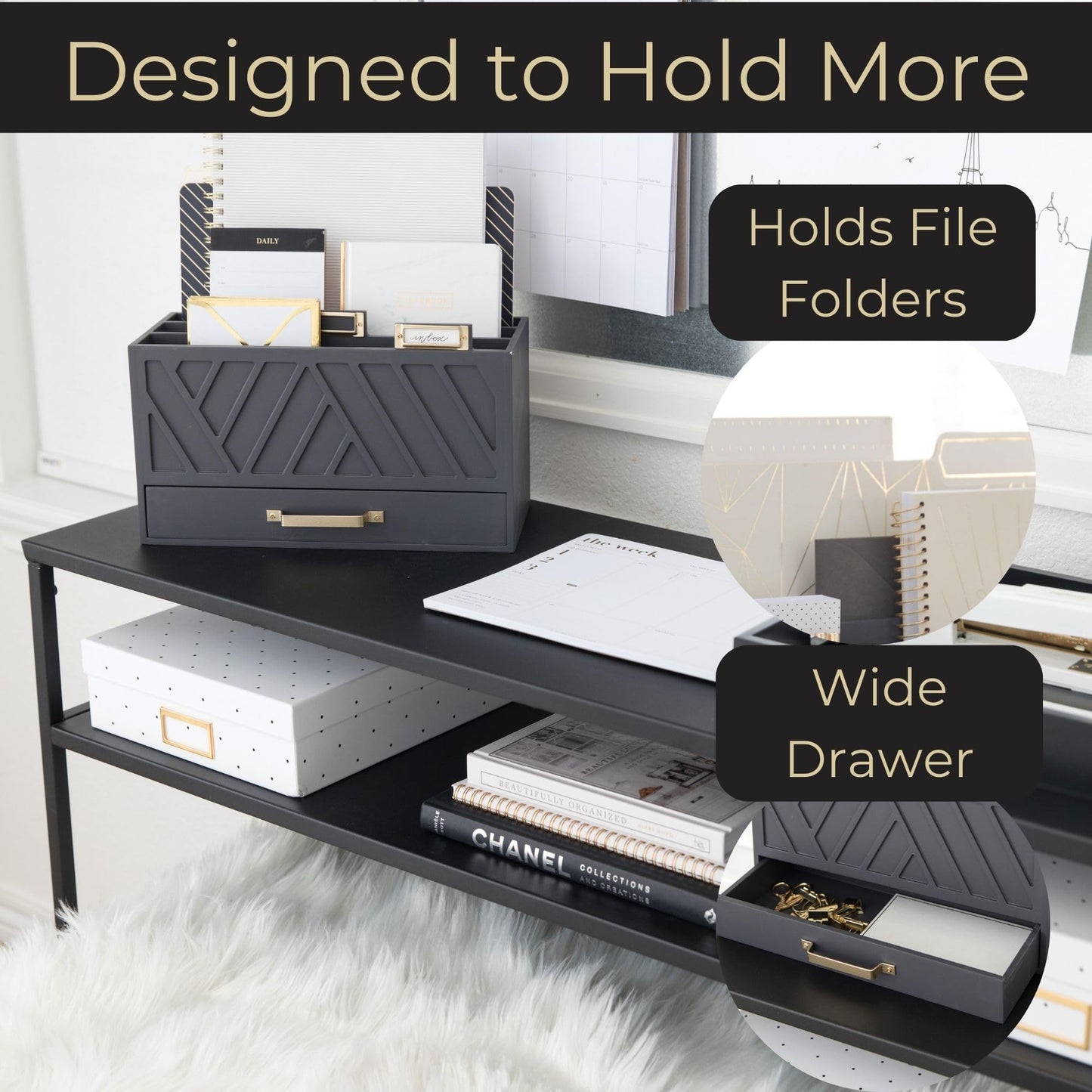 BLU MONACO | Grey Three-Tier Desktop Mail Organizer with Gold Label Holders & Drawer | Stylish Mail Holder and Countertop Document Storage for Home or Office
