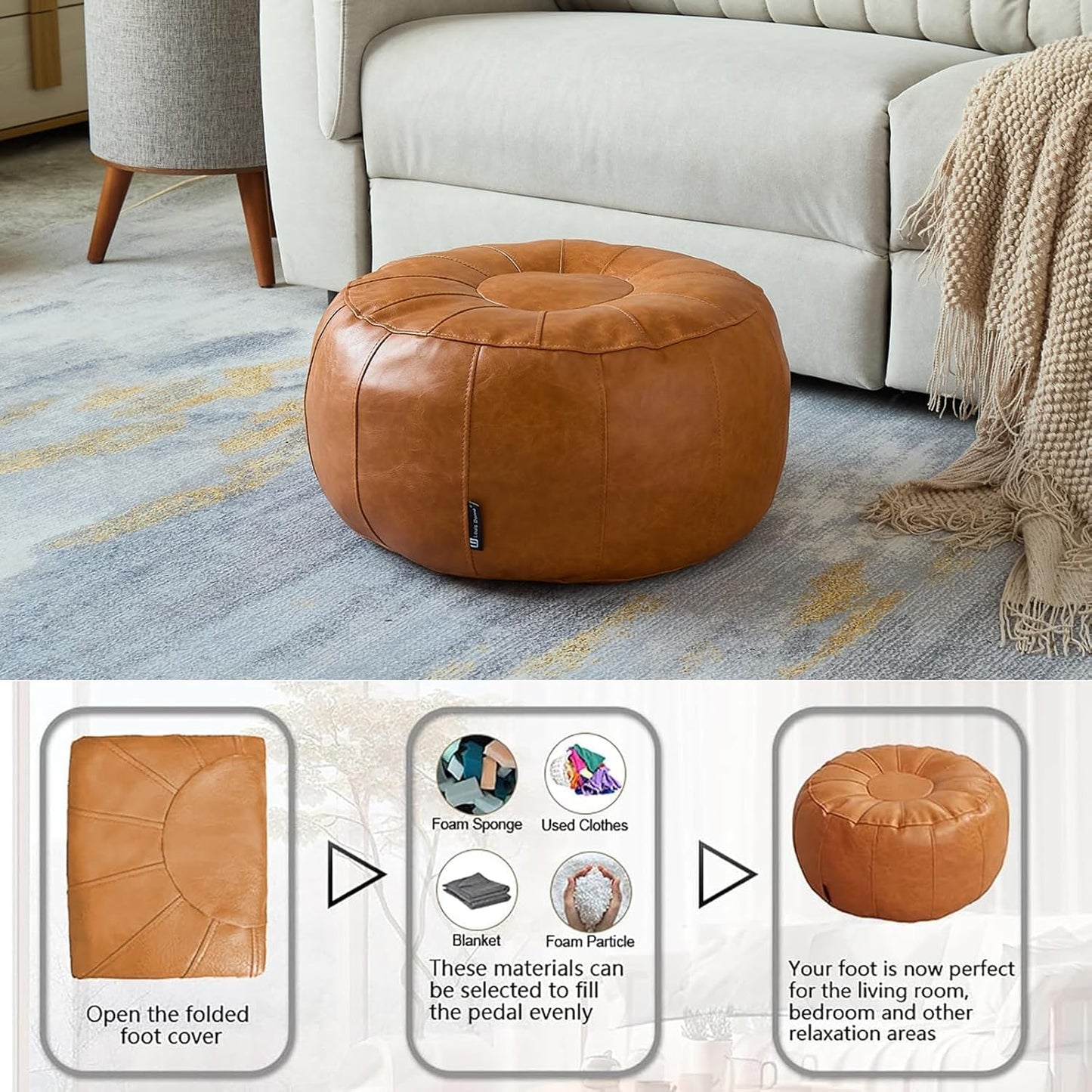 Louis Donné Unstuffed Pouf Ottoman Foot Rest Cover, Waterproof Faux Leather DIY Small Bean Bag Cover, Pet Friendly Easy Clean Storage Floor Chair for Reading & Relaxing, Orange (Cover Only)