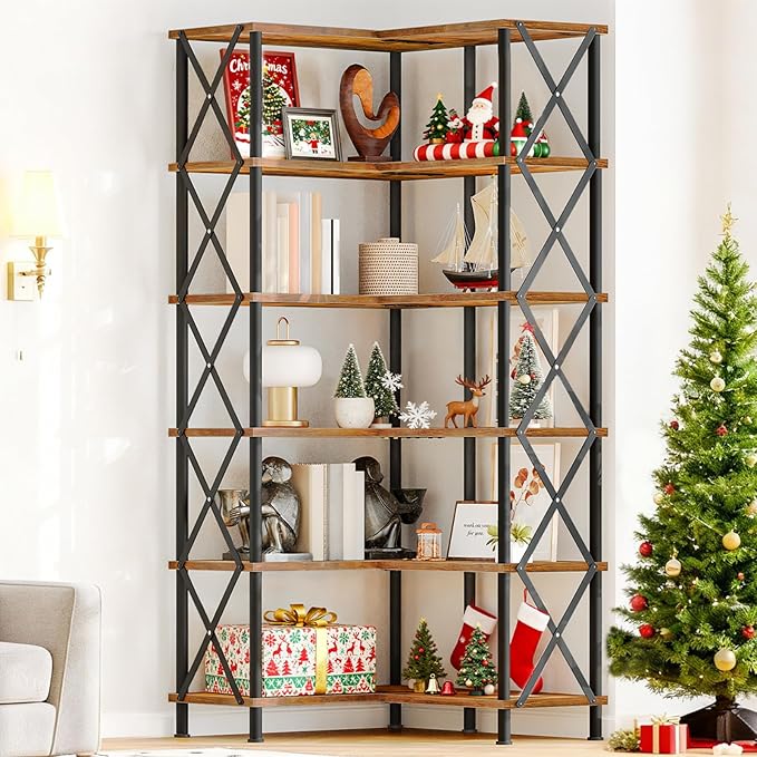 HOOBRO Corner Bookshelf, 6-Tier L-Shaped Bookcase, Industrial Open Display