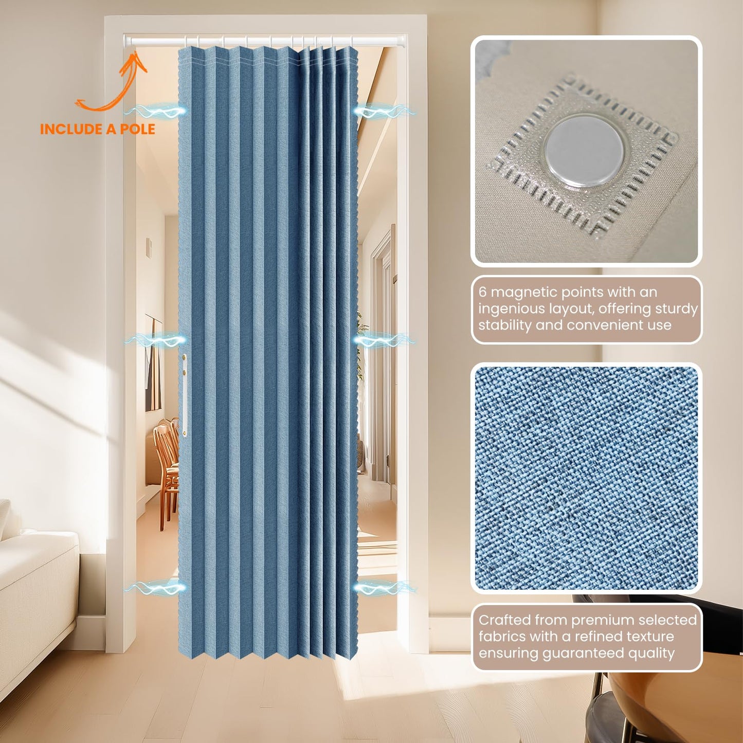 AJAZZ Blackout Accordion Door with Curtain Rods Included Closet Door Curtain Privacy Sound Proof Curtains Suitable for Bedroom Living Room Doorway Curtain Sets (1 Pack, 72 W x 78 L, Blue)