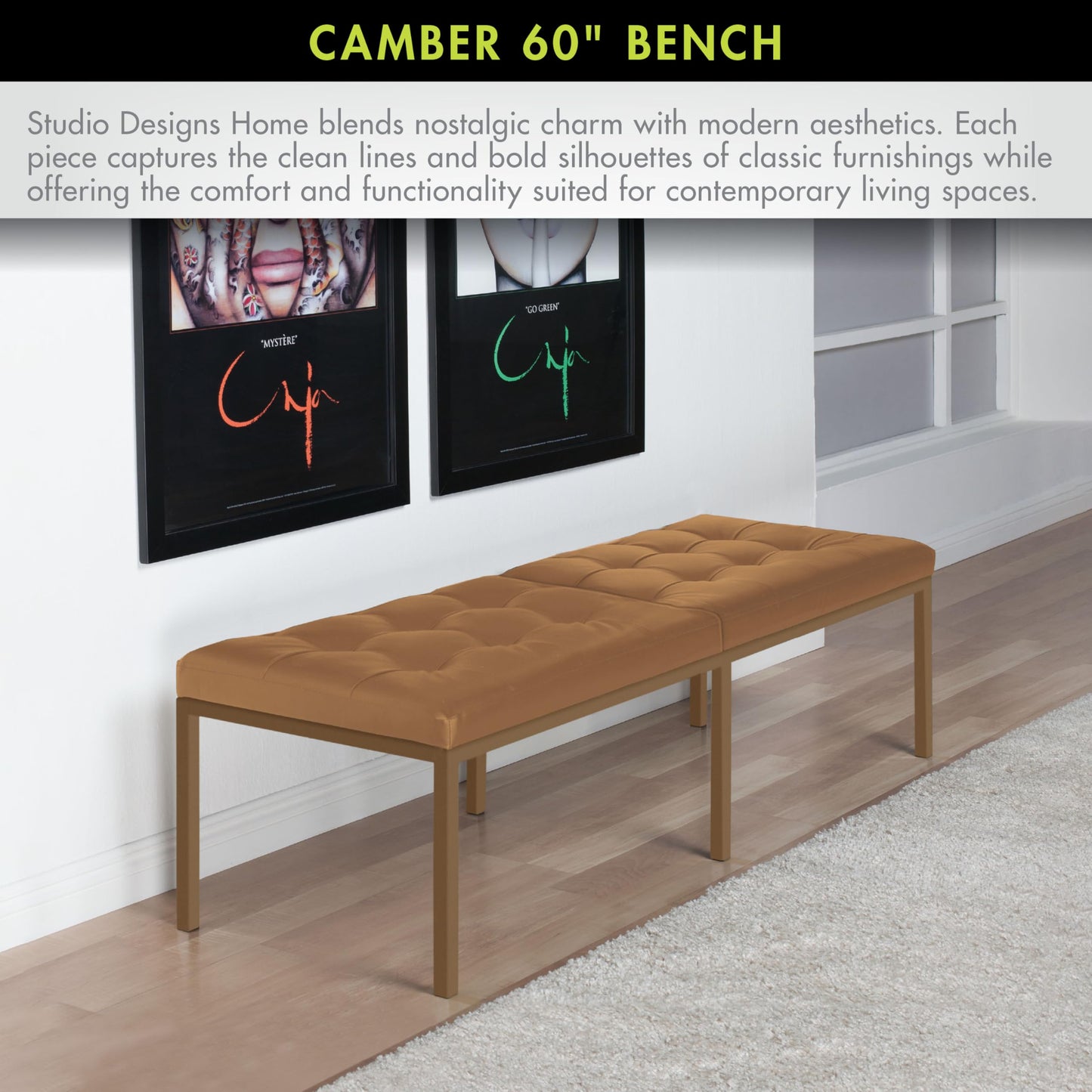 Studio Designs Home Camber Modern Dining Room 60" with Chrome Legs and Tufted Faux Leather, Entryway or Livingroom Accent Bench, Bronze/Caramel