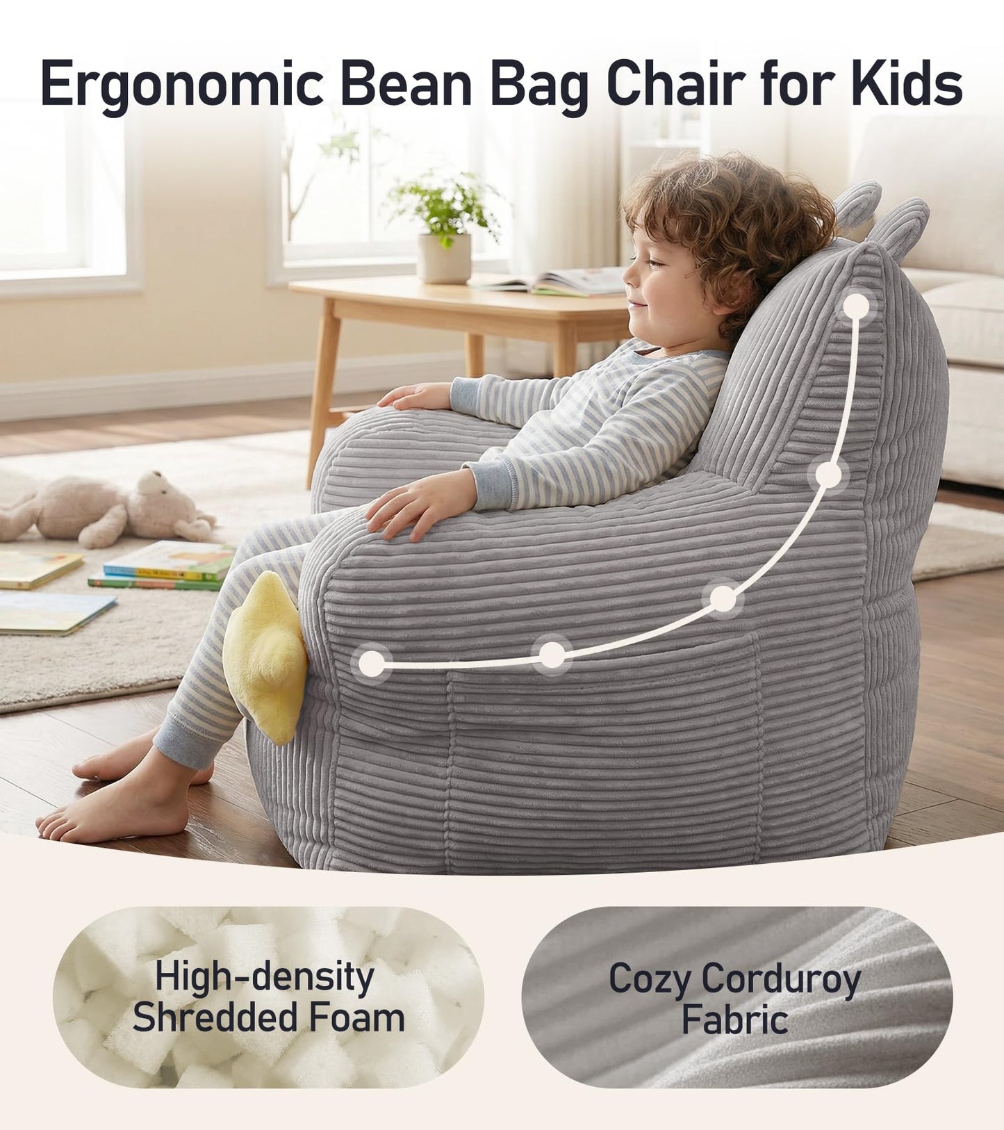little dove Bean Bag Chairs for Kids, Comfy Bean Bag Chair with 2 Plush Toys, Toddler Chair with Pocket, Stuffed Lazy Sofa with Filler for Boys and Girls, Kids Chairs for Gaming, Reading, Grey