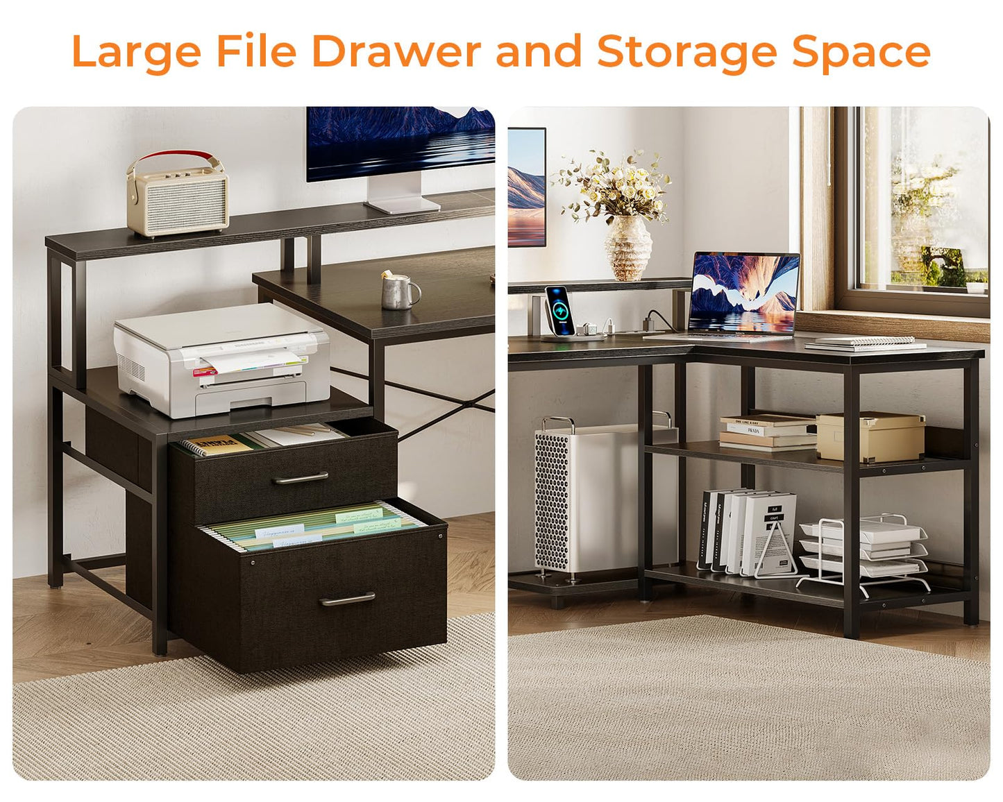 ODK 75" L Shaped Desk with File Drawers, Work from Home Office Desk with Power Outlet, Reversible Computer Desk with Storage Shelves, Gaming Desk with Monitor Shelf, Corner WFM Table, Black