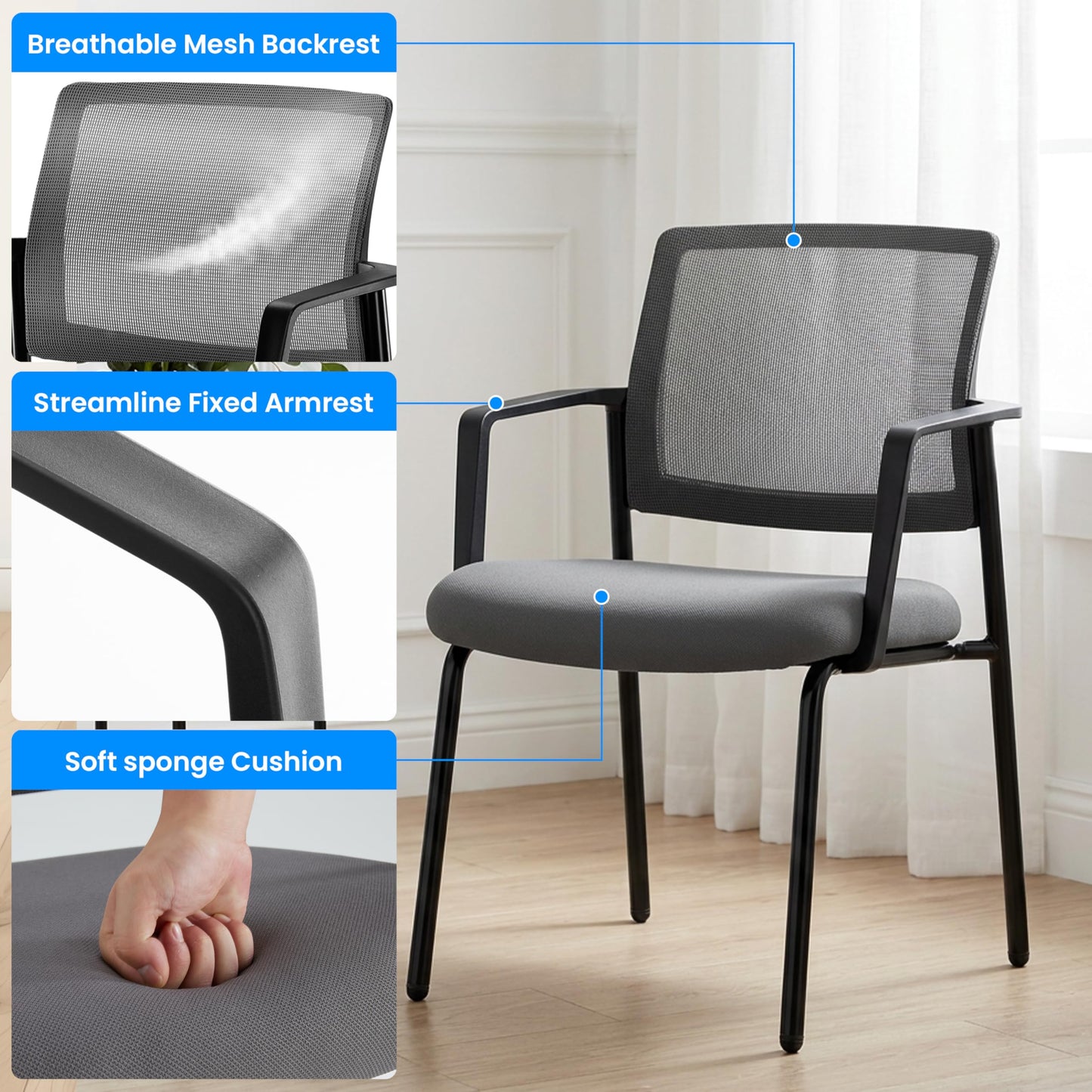 Simple Deluxe Guest Waiting Room Office Arm Chairs, Mesh Back & Ergonomic Support, Stacking Padded Fabric Seat, No Wheel for Reception Meeting Conference Rest for Home Lobby Computer Desk, Grey
