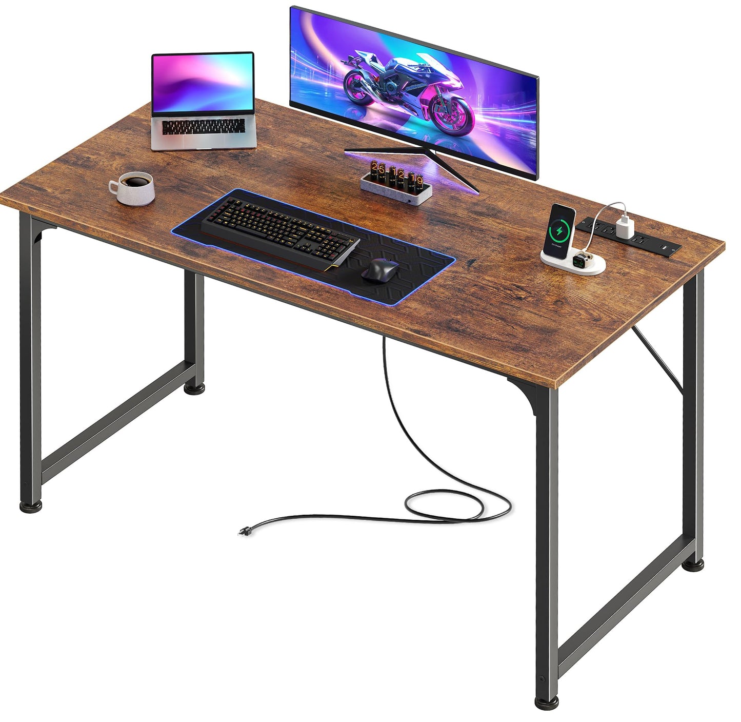 PRAISUN 40 X 20 Inch Computer Desk with Power Outlets and USB-C Port, Gaming Office Desk with Deeper Desktop, Writing Work Desk for Home Office, Study, Bedroom, Metal Frame, Rustic Brown