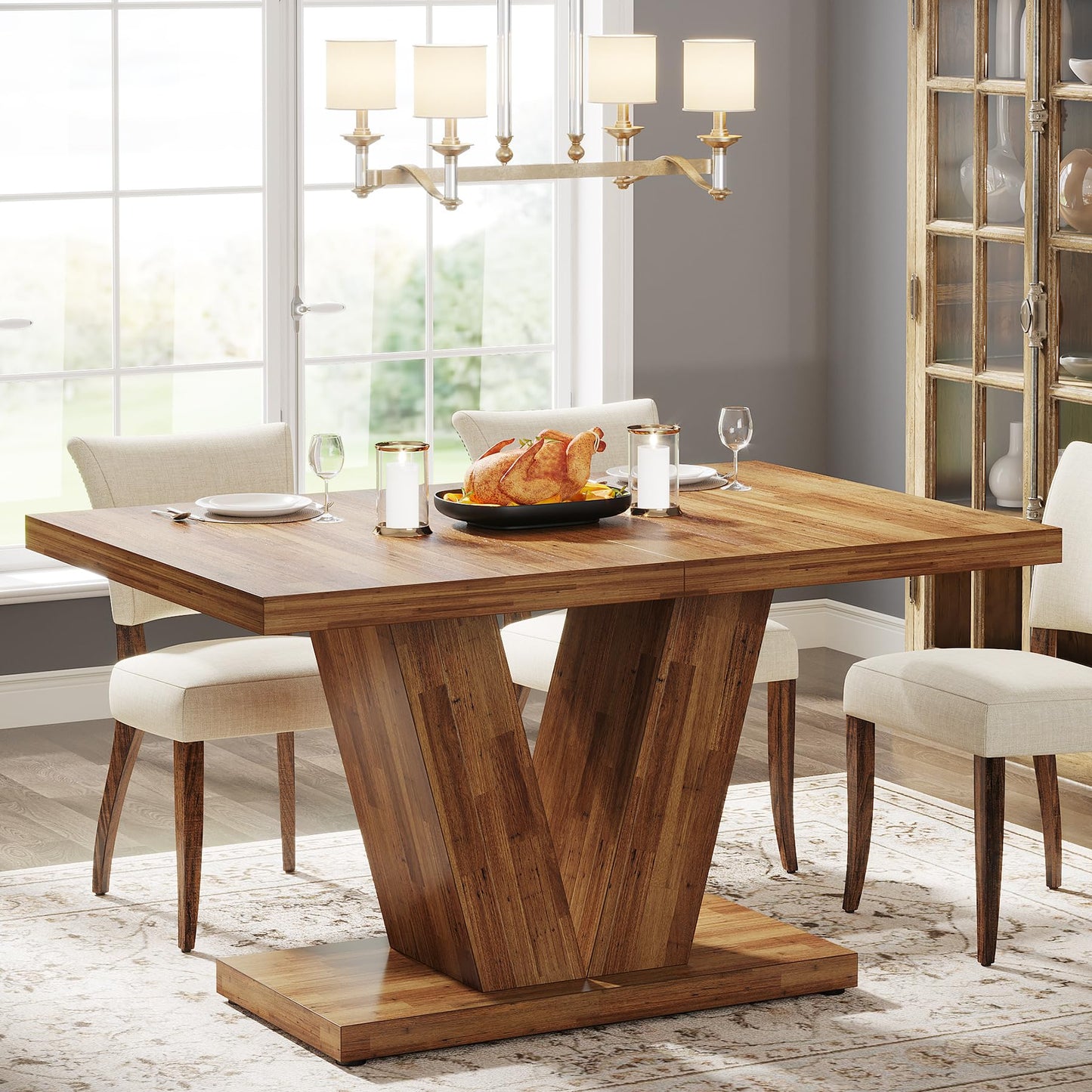 Tribesigns 47-Inch Dining Table for 4, Walnut Brown Kitchen Dinner Table with Heavy Duty Pedestal, Farmhouse Wooden Eating Table for Home, Dining Room, Small Space