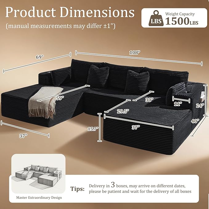 108" Oversized Cloud Sectional Couch, Comfort U Shaped Boneless Couch