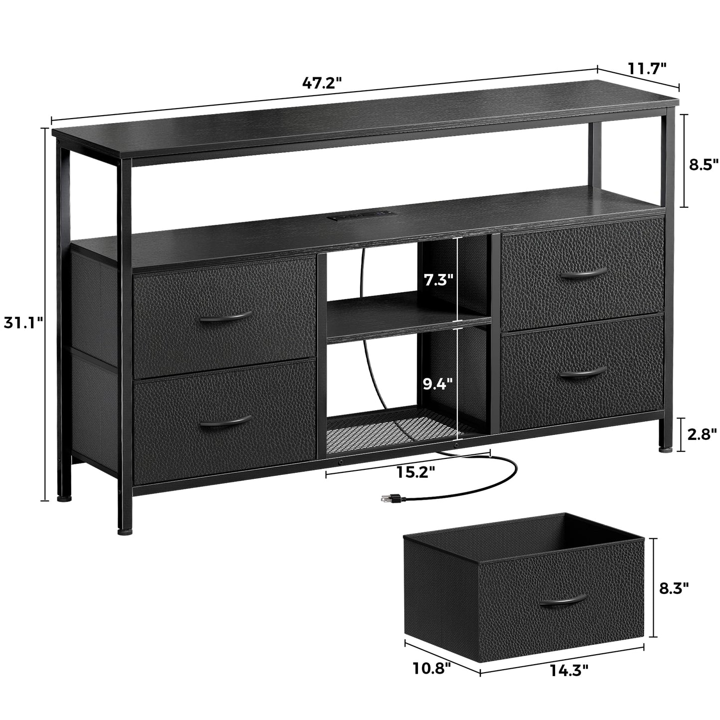 Huuger 47 Inch TV Stand Dresser with Power Outlets and LED Lights, Fabric Dresser for Bedroom with Storage, 4 Drawers Entertainment Center with Open Shelf, Media Console for 55 50 Inch TV, Black