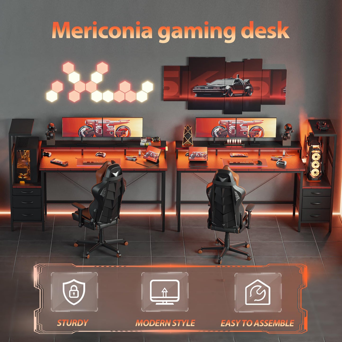Mericonia 60 inch Gaming Desk with LED Lights & Power Outlets, Reversible Computer Desk with Storage Drawers & Monitor Stand, Large Gaming Table for Home Office