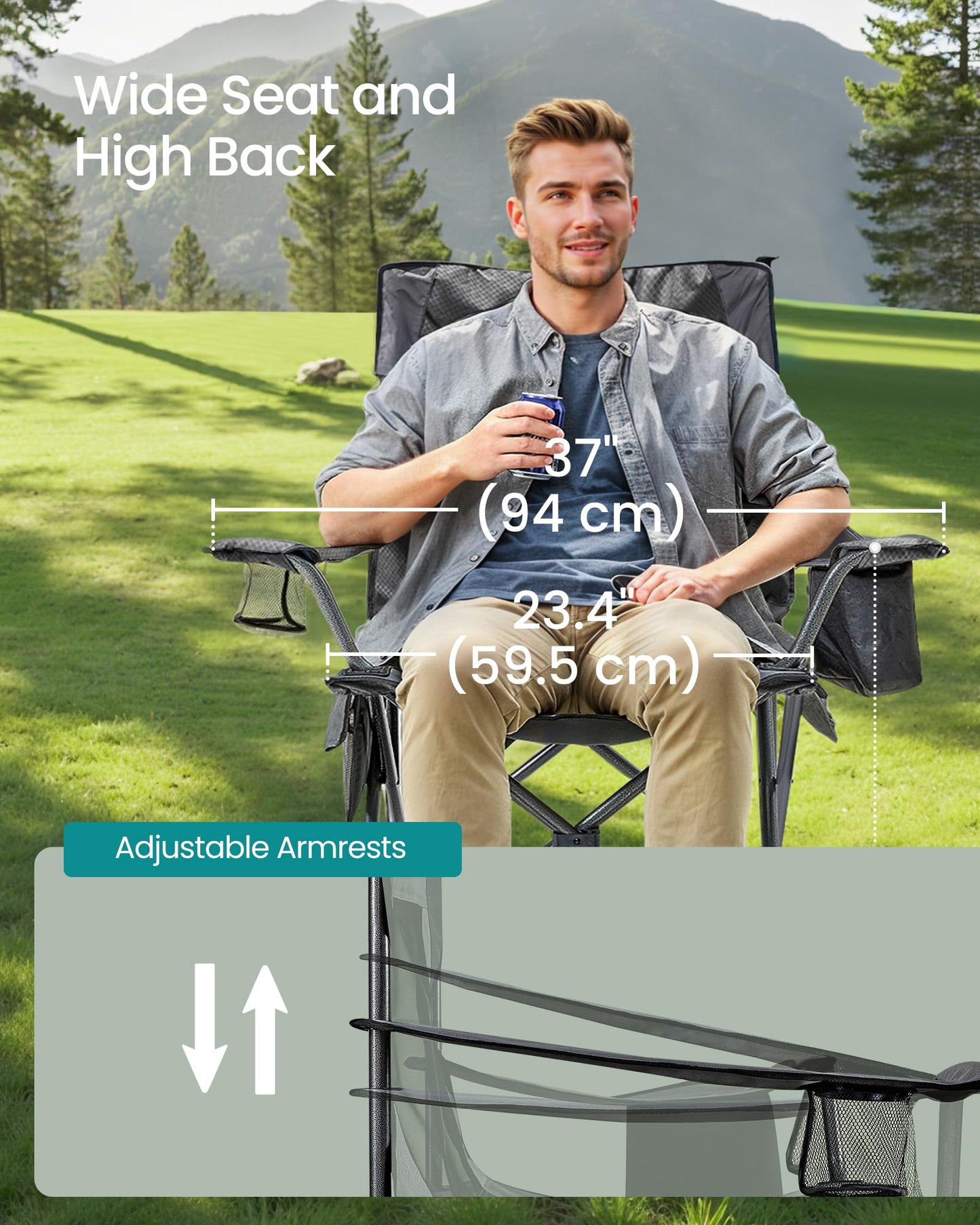 SONGMICS Camping Chair, Folding Oversized Chair, Comfortable and Heavy-Duty, 352 lb Weight Capacity, Adjustable Armrests with Cooler Bag, Storage Bag, Breathable Mesh, Slate Gray UGCB060G01