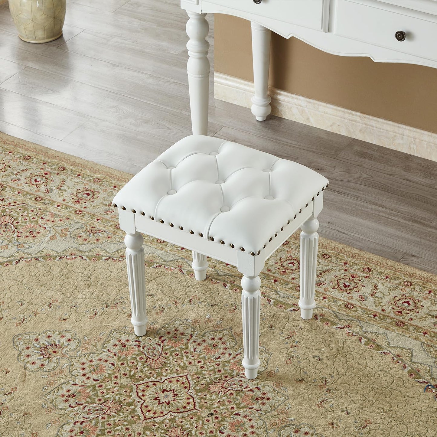 KIVSON Vanity Bench Stool with Microfiber Leather Cushion, Vanity Chair Ottoman Dressing Stool with Solid Wood Legs for Bedroom, Makeup Room, Dressing Room, Easy Assembly (White)