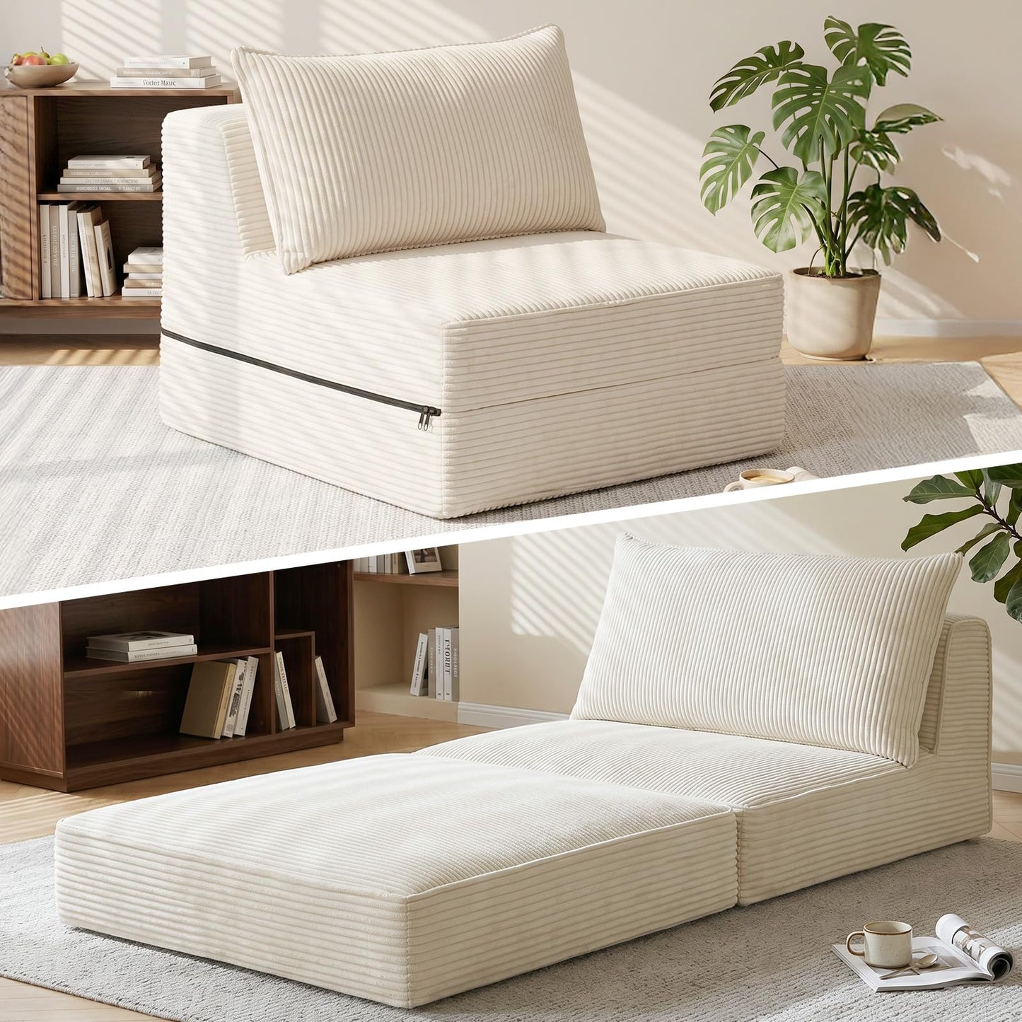 Erament Folding Sofa Bed, 8" Convertible Sleeper Sofa Fold Out Chair Bed with Pillow, Portable Floor Couch Lounge Sofa for Living Room Bedroom Guest Room, Beige