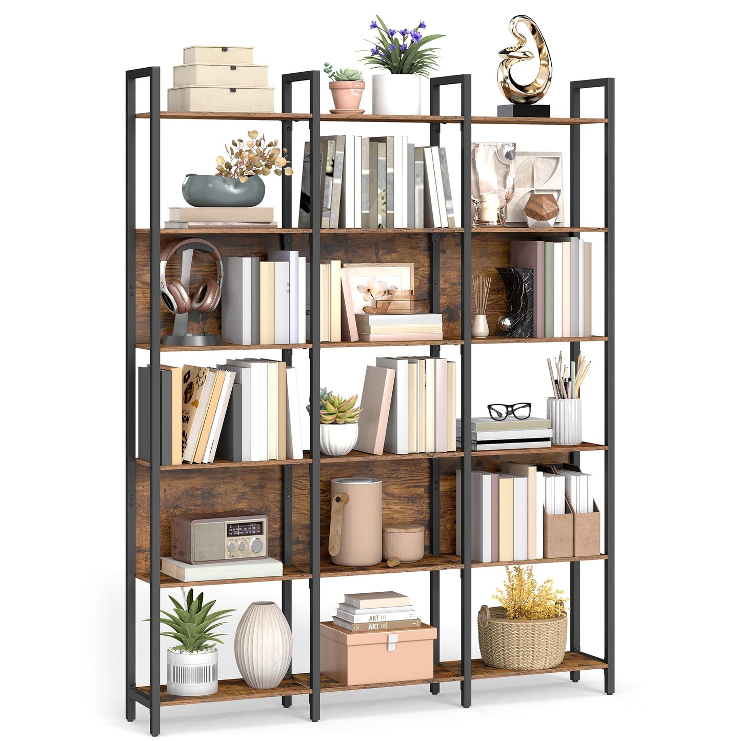 VASAGLE 6-Tier Bookshelf, Book Shelf, Industrial Bookcase, with Steel Frame, for Living Room, Home Office, Bedroom, 9.4 x 50.4 x 73.7 Inches, Rustic Brown and Ink Black ULLS151K01