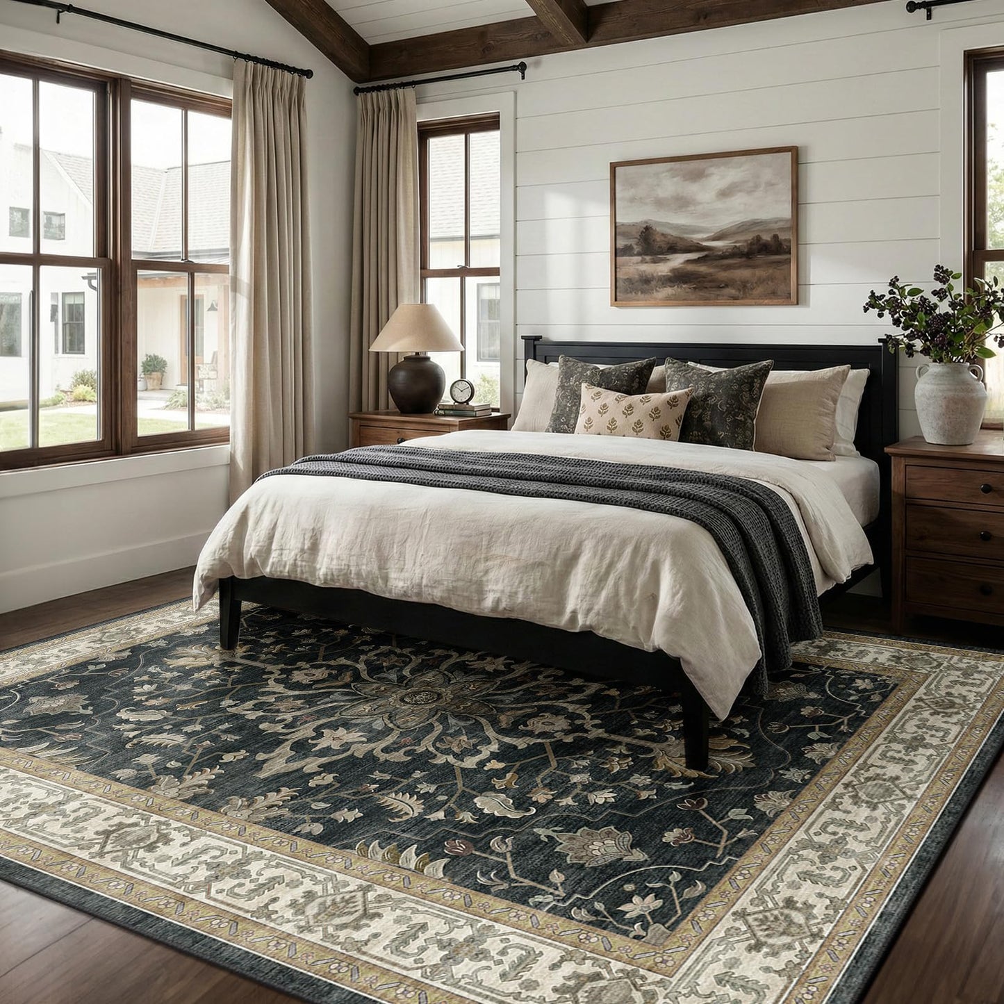 RELEANY Area Rugs 8'x10' Washable Non-Slip, Floral Vintage Distress Medallion Carpet for Living Room Bedroom Dining Room, Vintage Black Brown Neutral