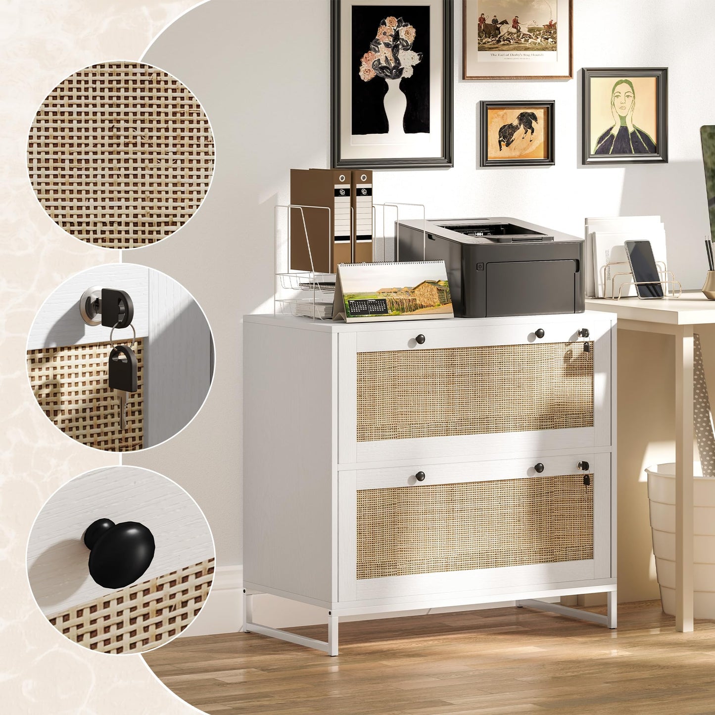 Vinsetto 2 Rattan Drawer File Cabinet with Lock, Lateral Filing Cabinet with Adjustable Hanging Bar for Letter, A4 and Legal Size Files, Printer Stand for Home Office, White
