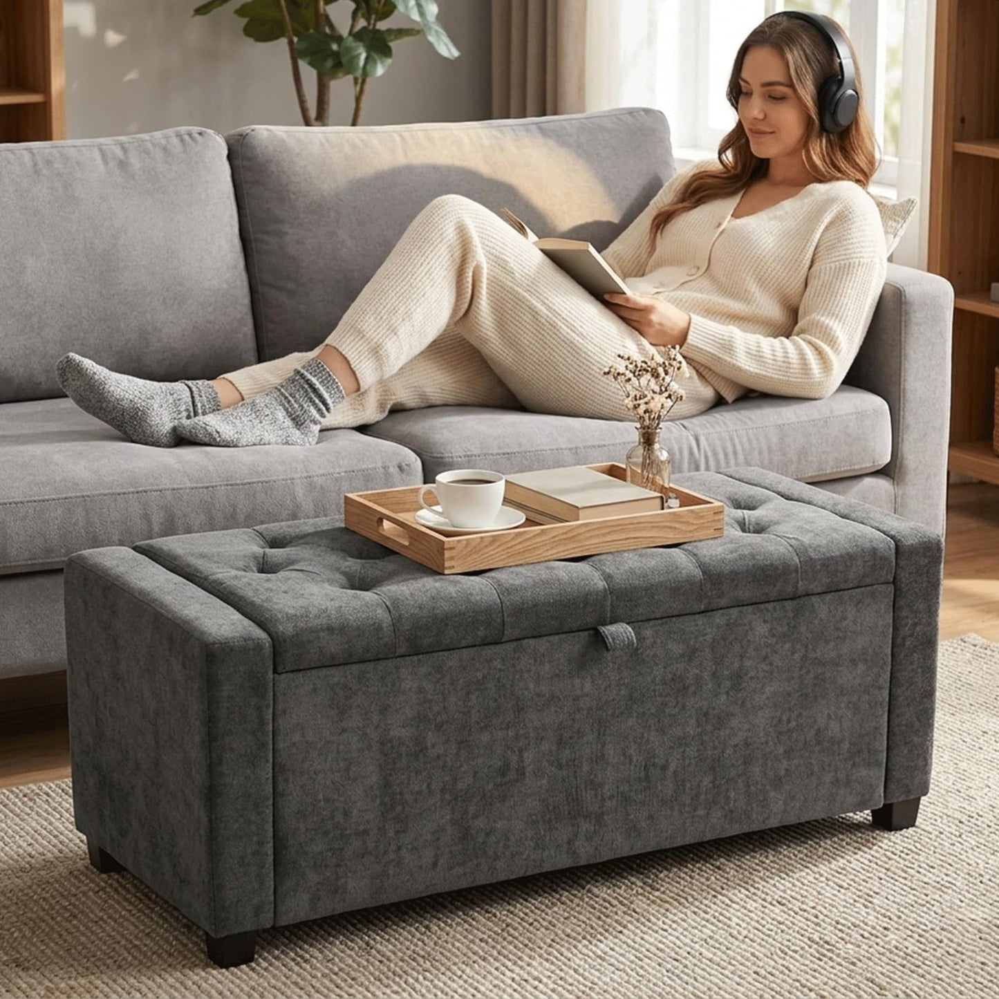 2BYF 47" White Ottoman Bench, Comfort Bed End Storage Bench for Living Room