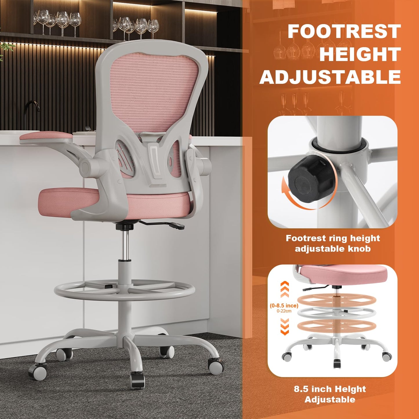 Synorla Ergonomic Drafting Chair, Tall Mesh Office Chair with Flip-up Armrests, Lumbar Support & Adjustable Footrest Ring for Standing Desk Gray Pink