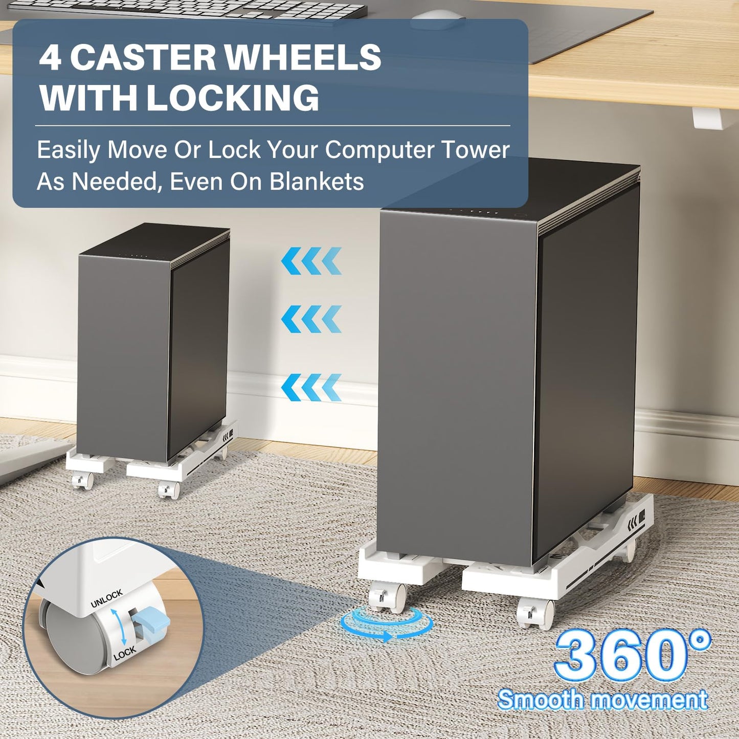 Hovadova Adjustable Computer Tower Stand, Mobile PC Stand for Floor with 4 Locking Caster Wheels Fits Most PC, Under Desk CPU Holder for Office, Gamers and Students (White)