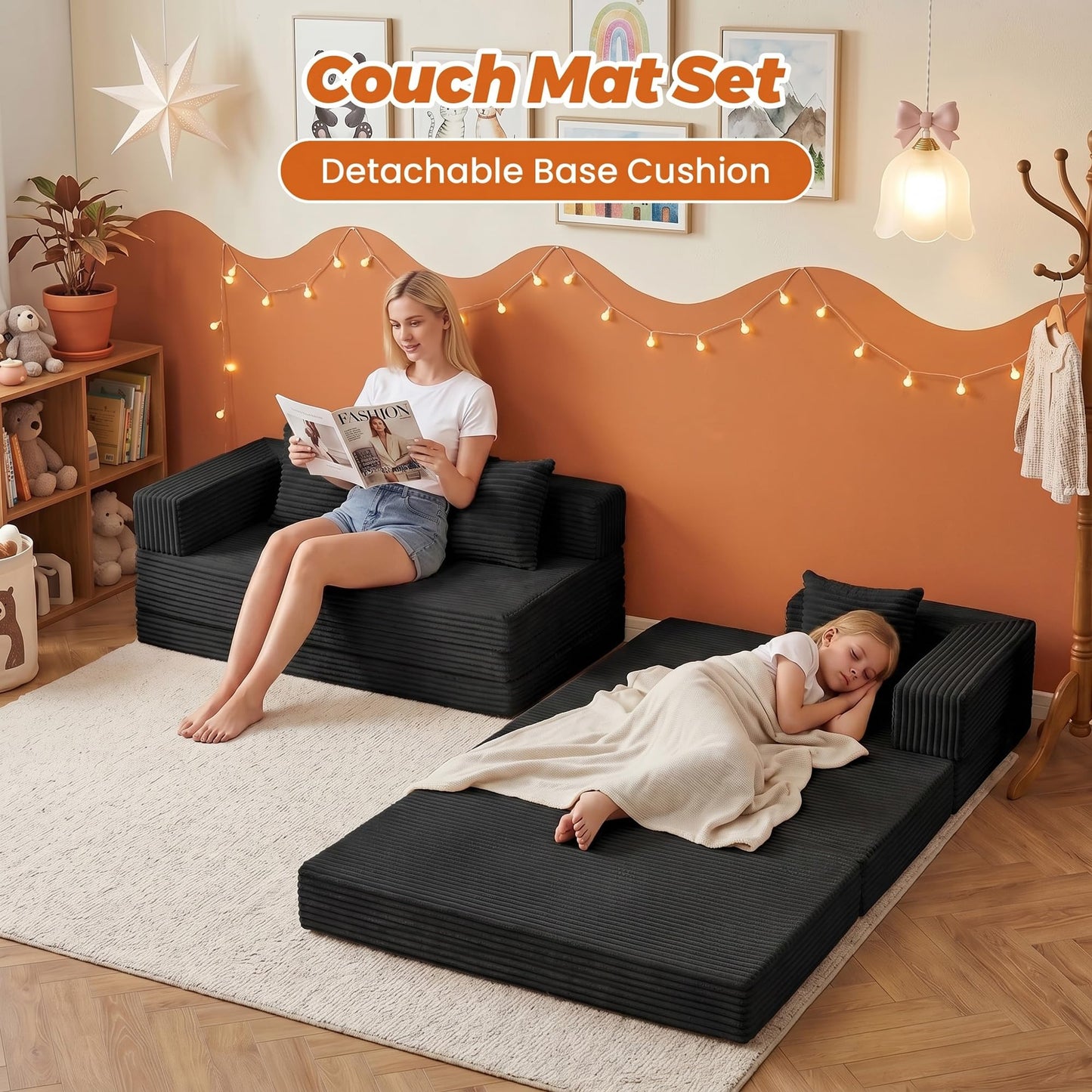 6-in-1 Boneless Couches Modular Sectional Sofa | Cloud Couch Sectional & Tri-Folding Mattress | Corduroy Pet-Friendly Convertible Sofa Bed with 800LB Capacity Living Room, Apartment, Guest Room