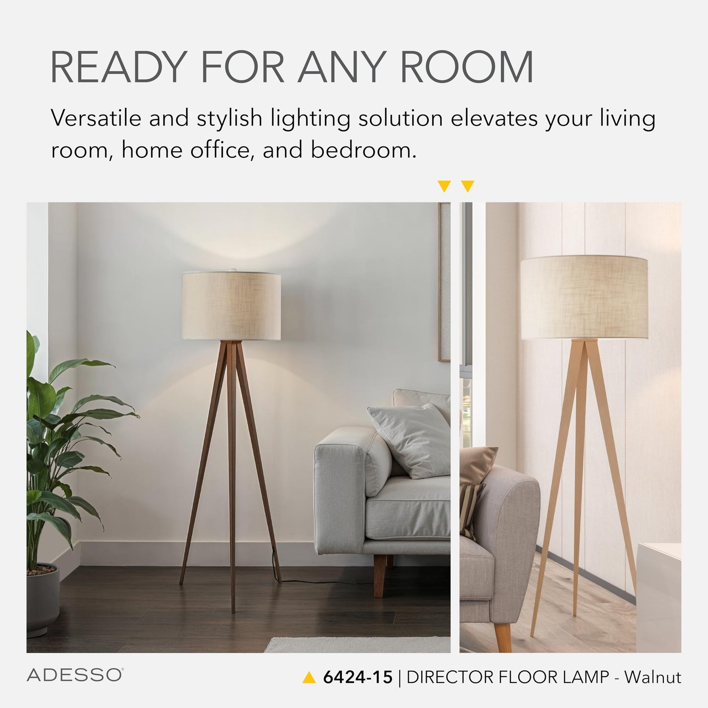 Adesso Floor Lamp with Walnut Rosewood Veneer and Beige Fabric Lampshade – 3-Way Adjustable Brightness, Lamp for Bedroom, Living Room, and House Décor, 60.25” x 21”
