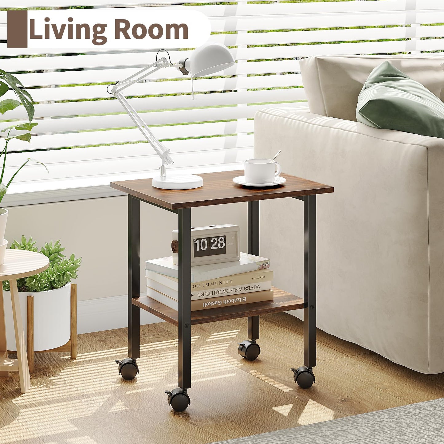YQ JENMW 2 Tier Printer Stand with Storage, Under Desk Printer Table, Space-Saving Printer Table with Locking Wheels, Rolling Printer Cart for Home Office, Rustic Brown