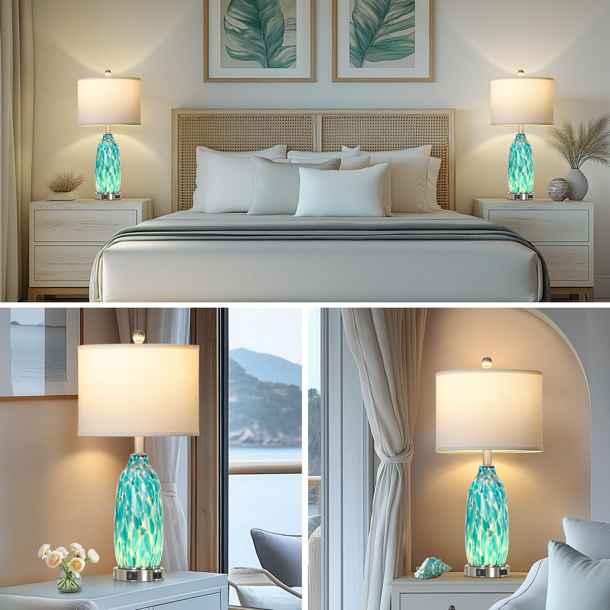 Rinweey 26" Peacock Green Glass Table Lamps Set of 2,Coastal Nautical Bedside Lamps with USB Ports & AC Outlet,Lamparas Elegantes para Cuarto with Night Light for Bedroom Living Room Decoration