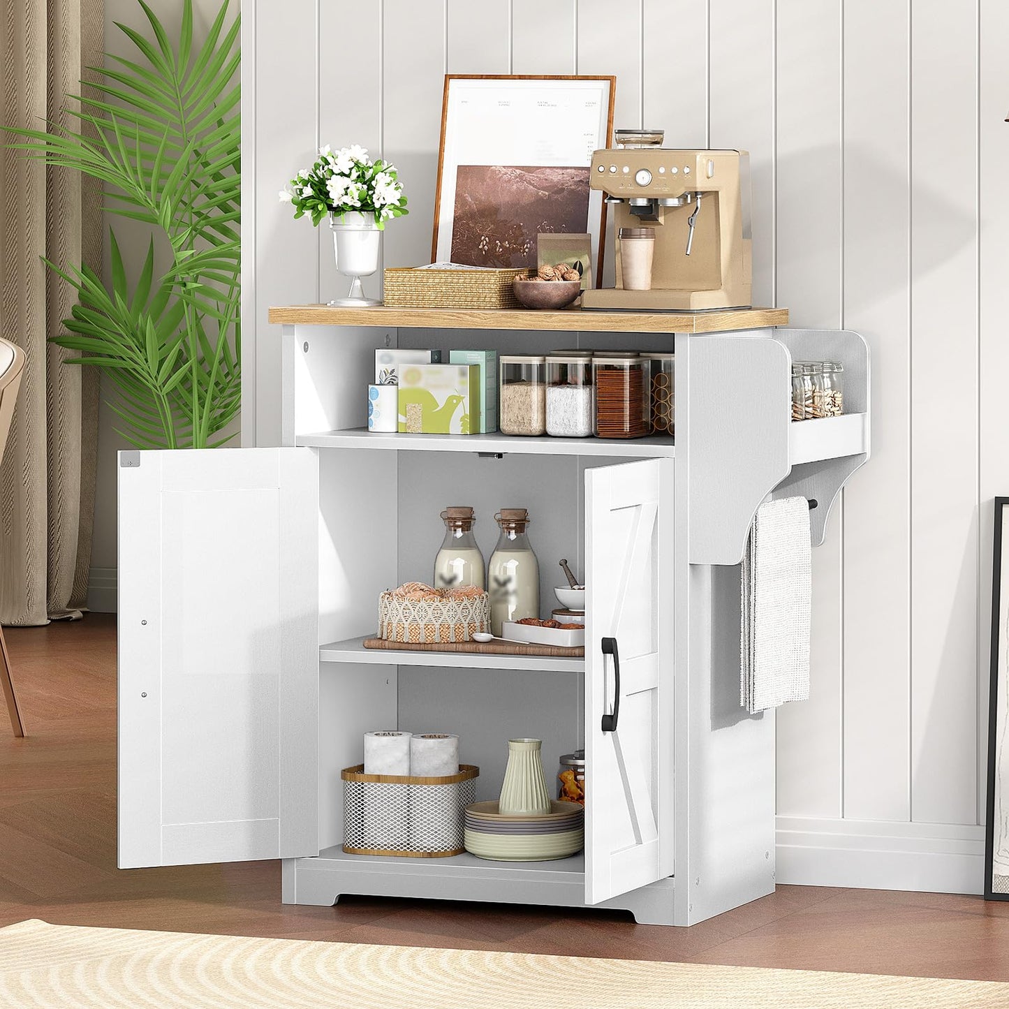 YATINEY Coffee Bar Cabinet, Kitchen Island with Storage, Farmhouse Sideboard Buffet Cabinet with Dual-Purpose Floating Shelf and Hooks, for Kitchen Living Room, White and Natural KF22WN