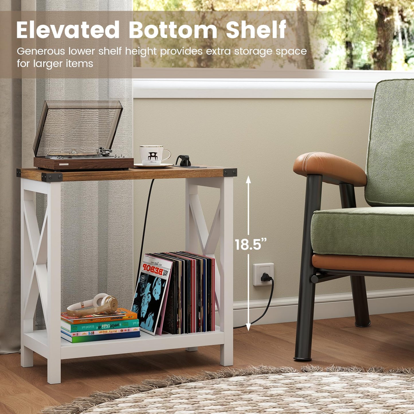 Hadulcet Farmhouse Side Table with Storage Shelf - Narrow End Table with Charging Station, Slim End Tables Living Room, Rustic X-Design Nightstand for Bedroom, Small Space, White & Brown