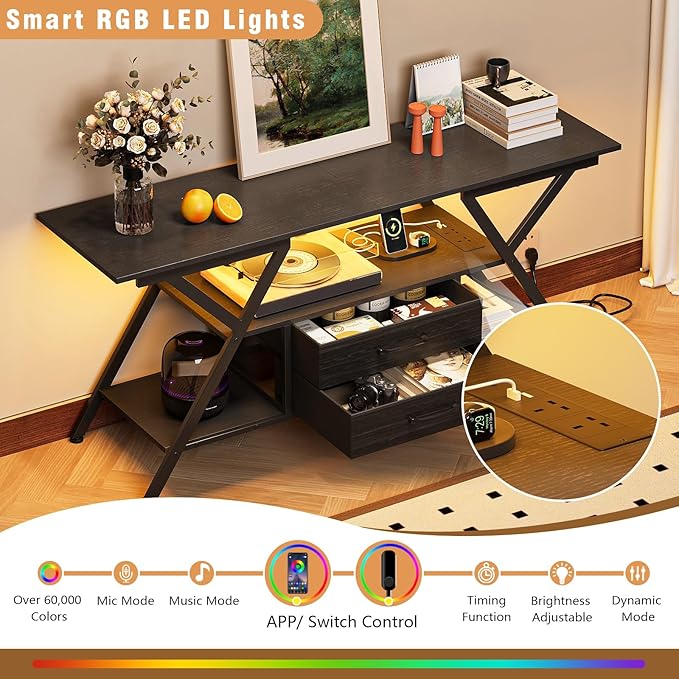 Simoretus TV Stand with Power Outlet and LED Lights, Fits TVs up to 65”