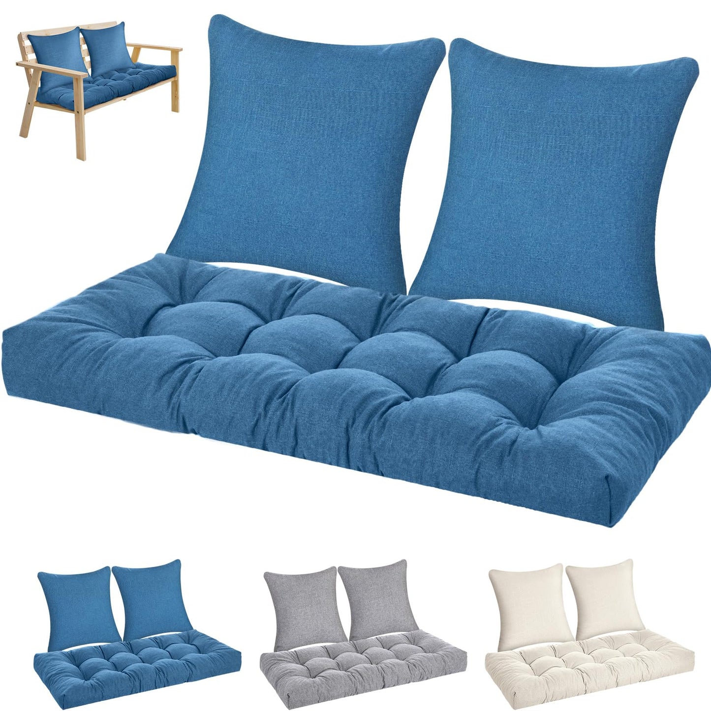 Wenqik 3 Pcs Outdoor Bench Cushion Set 44x19 in Waterproof Tufted Patio Cushion Loveseat Seat Pad with 2 Throw Pillows Memory Foam Settee Pad for Indoor Sofa Wicker Couch Window Seat(44x19 in,Blue)
