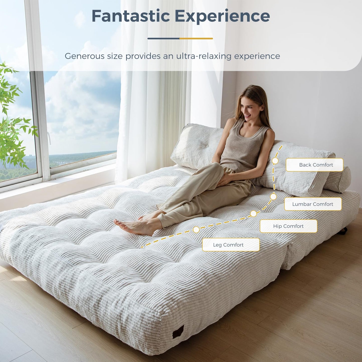 MAXYOYO Folding Sofa Bed, Convertible Chair with Pilow Foldable with Back Support, Portable Fold Out Chair Bed Comfy Floor Sofa Lounge for Living Room Bedroom, Beige, Double