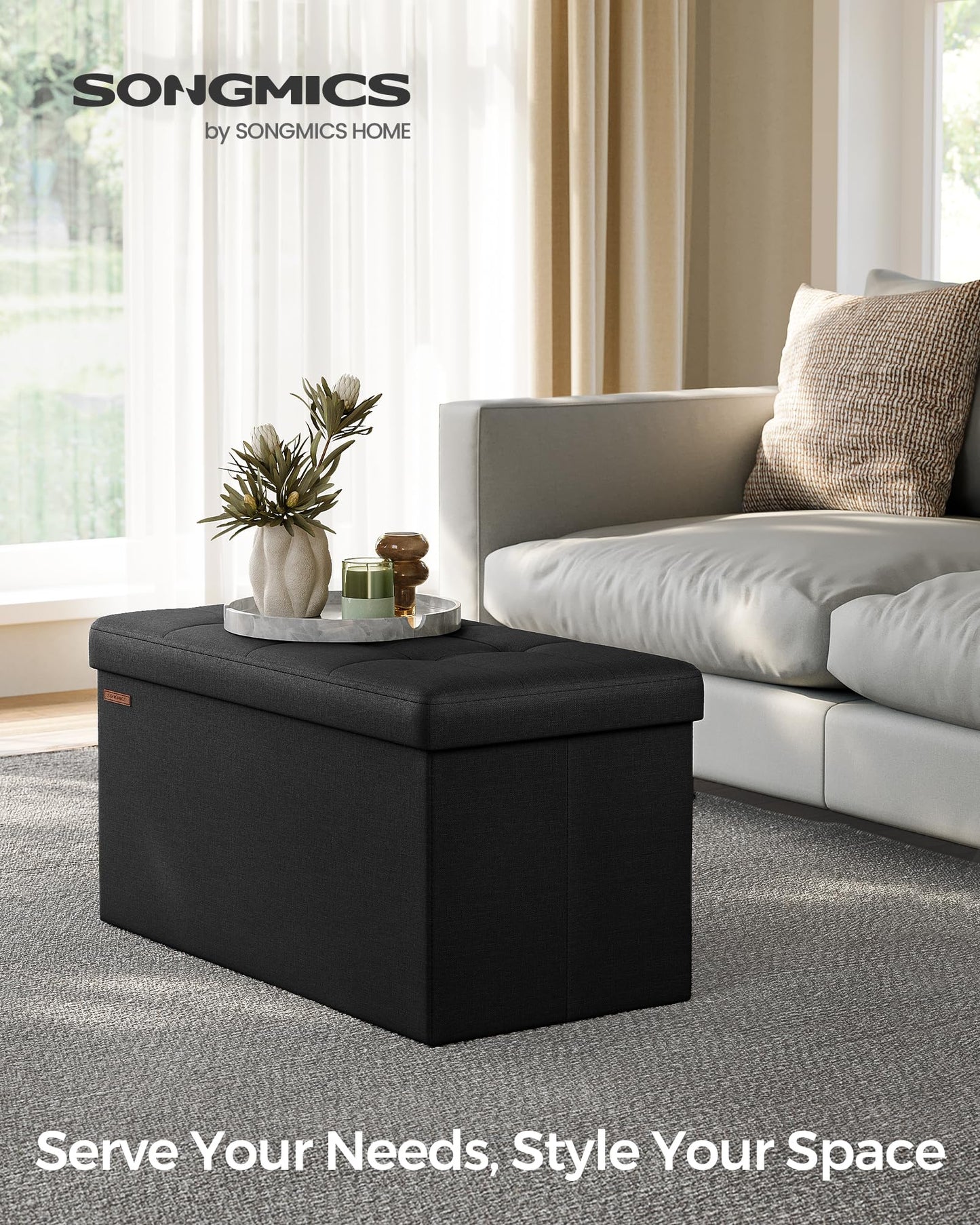 SONGMICS Mazie Collection - 30 Inches Folding Storage Ottoman Bench, Ottoman Foot Rest, End of Bed Bench, Storage Chest, Load 660 lb, for Living Room, Bedroom, Entryway, Ink Black ULSF047B01