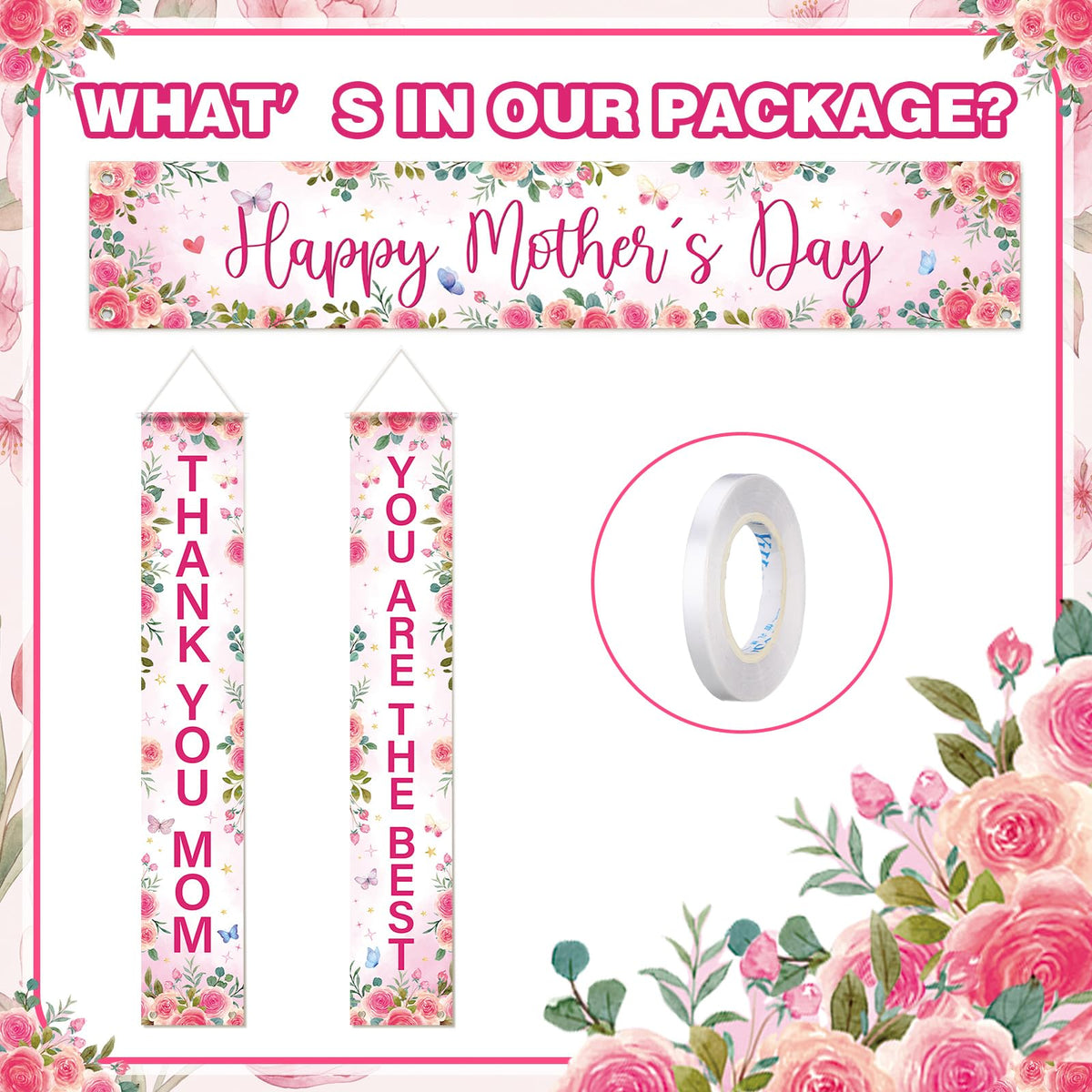 Fanfanwin 3 Pcs Pink Happy Mother's Day Banner Set Thank You Mom Front Door Banner Rose Floral Mother Decor You Are The Best Mama Party Supplies Decorations for Women Mama Wife Hanging Home Decor
