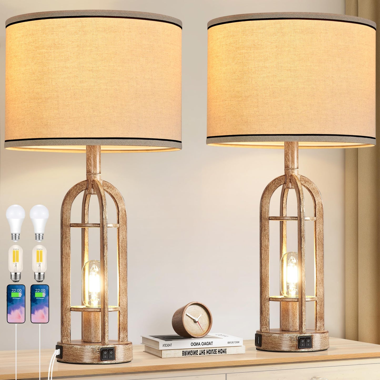 SRJJA Farmhouse Table Lamps for Living Room End Table Set of 2 - Rustic Bedside Lamps for Bedroom Nightstand with Night Light & USB A+C, Bulbs Included