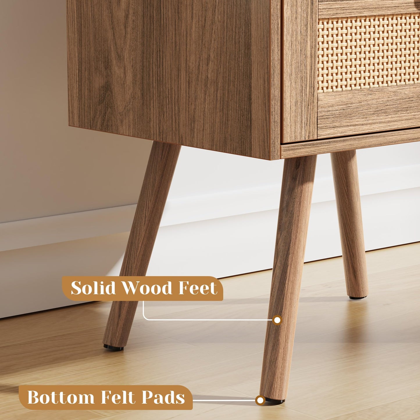 SUPERJARE Nightstand with Charging Station & Rattan-Like Decor Drawer, Rattan End Table with Solid Wood Feet, Bed Side Table with Open Storage, for Bedroom, Living Room, Dormitory, Walnut