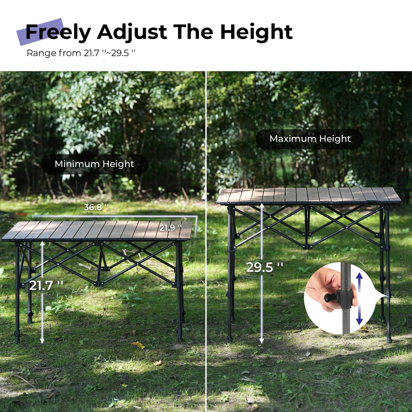 Byliable Camping Table Folding Portable Camp Aluminum Fold Up Lightweight Roll Up Table Adjustable Height with Carry Bag Indoor Outdoor for Camping, Picnic, Backyard, BBQ, Patio, Wood Grain